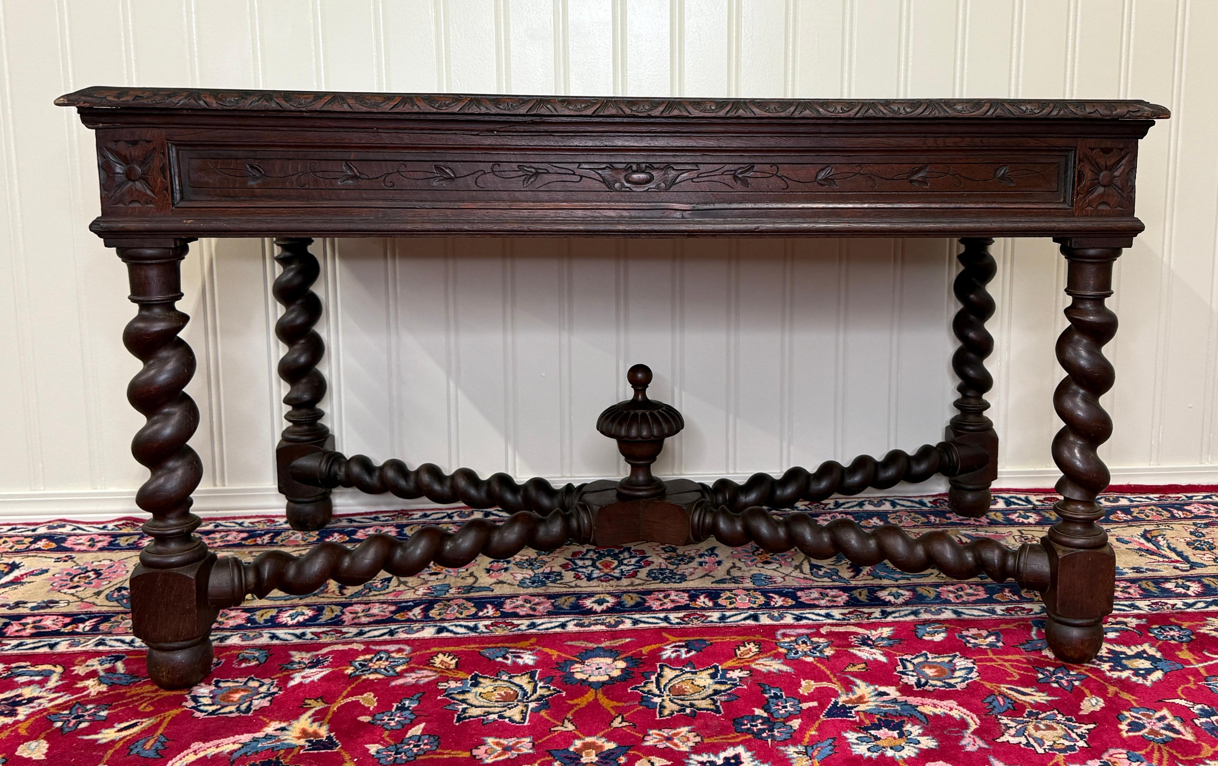 Antique French Desk Schreibtisch Barley Twist Renaissance Revival Tiger Oak im Angebot 11