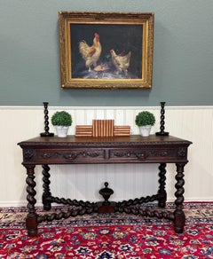 Antique French Desk Writing Table Barley Twist Renaissance Revival Tiger Oak