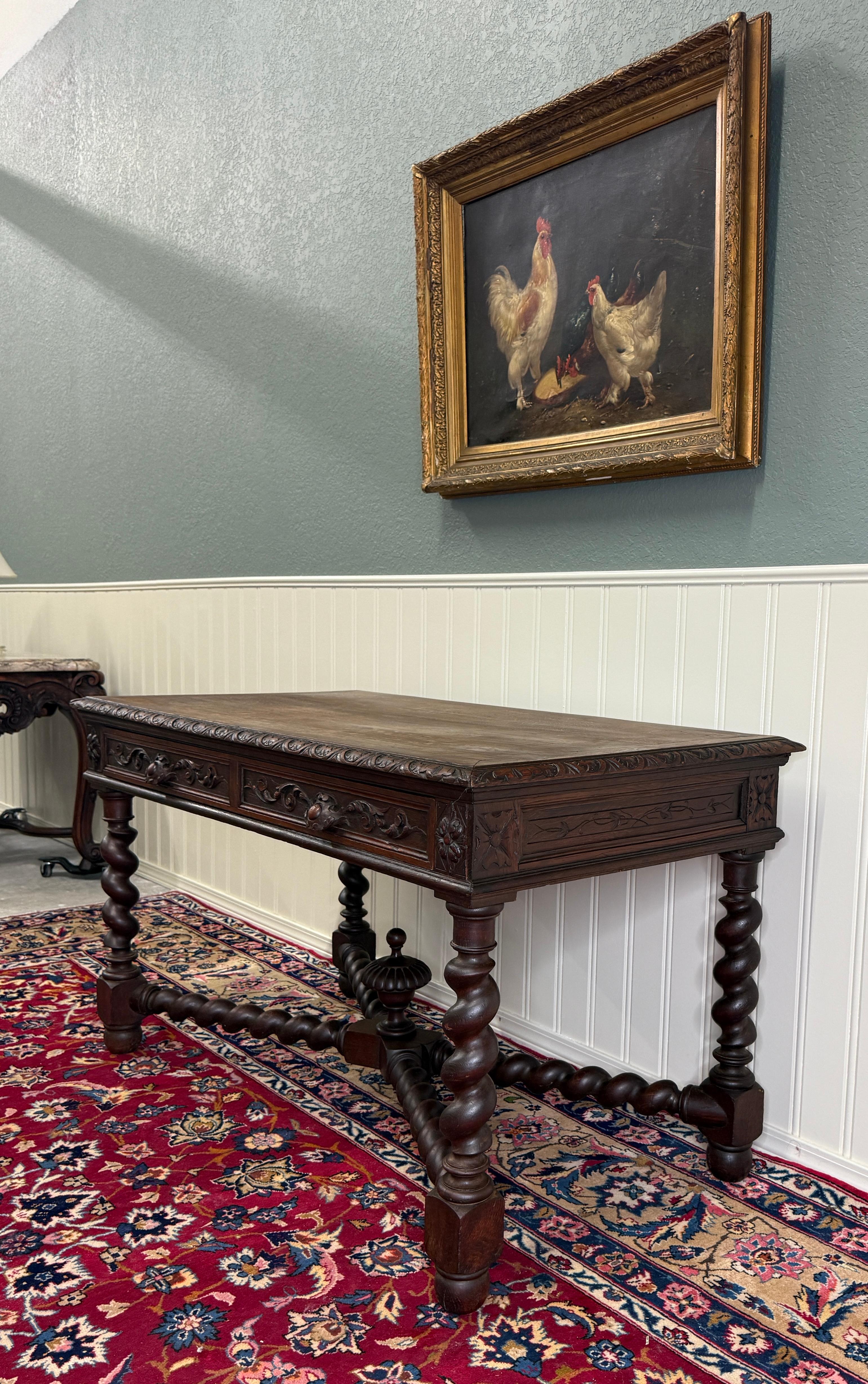 Antique French Desk Schreibtisch Barley Twist Renaissance Revival Tiger Oak im Zustand „Gut“ im Angebot in Tyler, TX