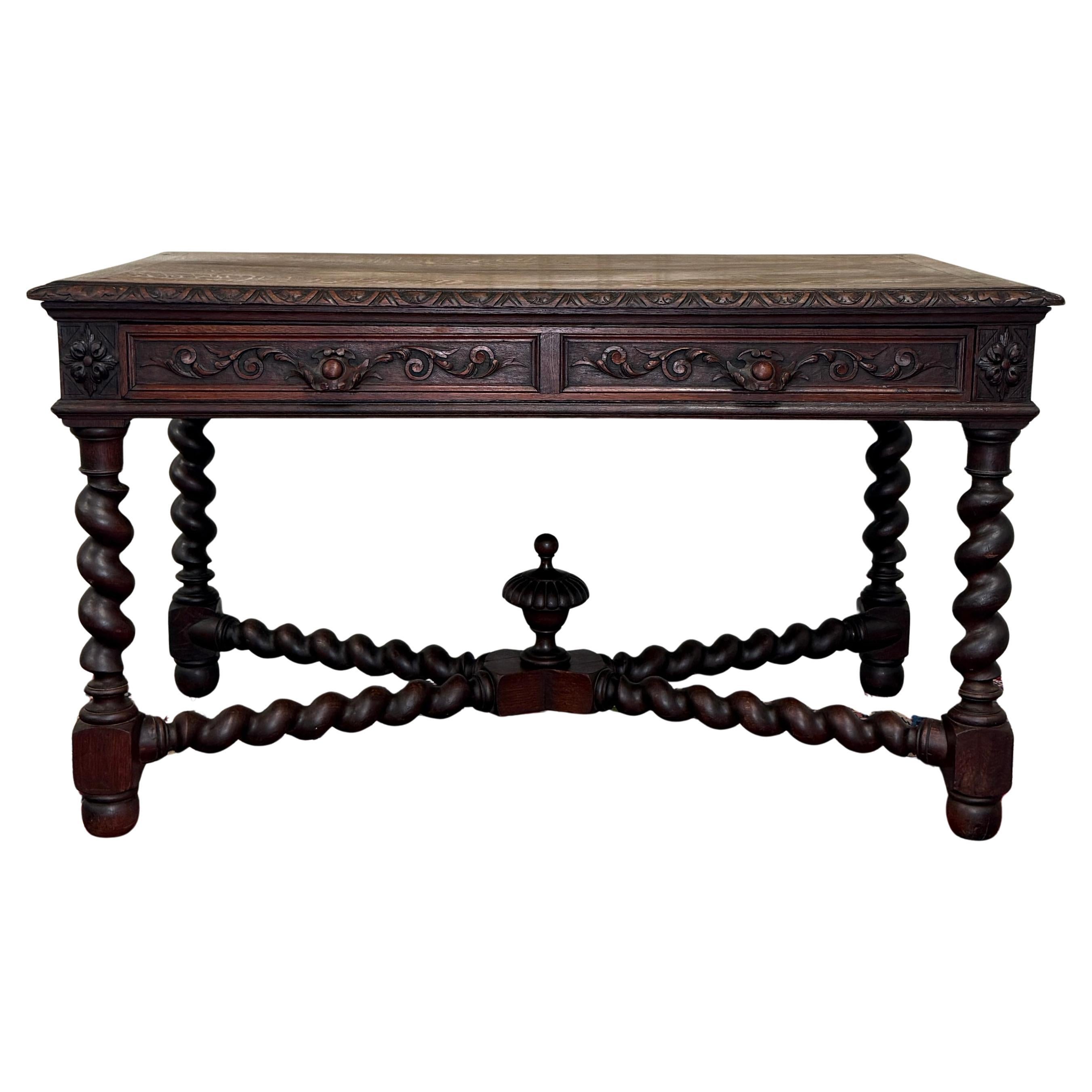 Antique French Desk Schreibtisch Barley Twist Renaissance Revival Tiger Oak im Angebot