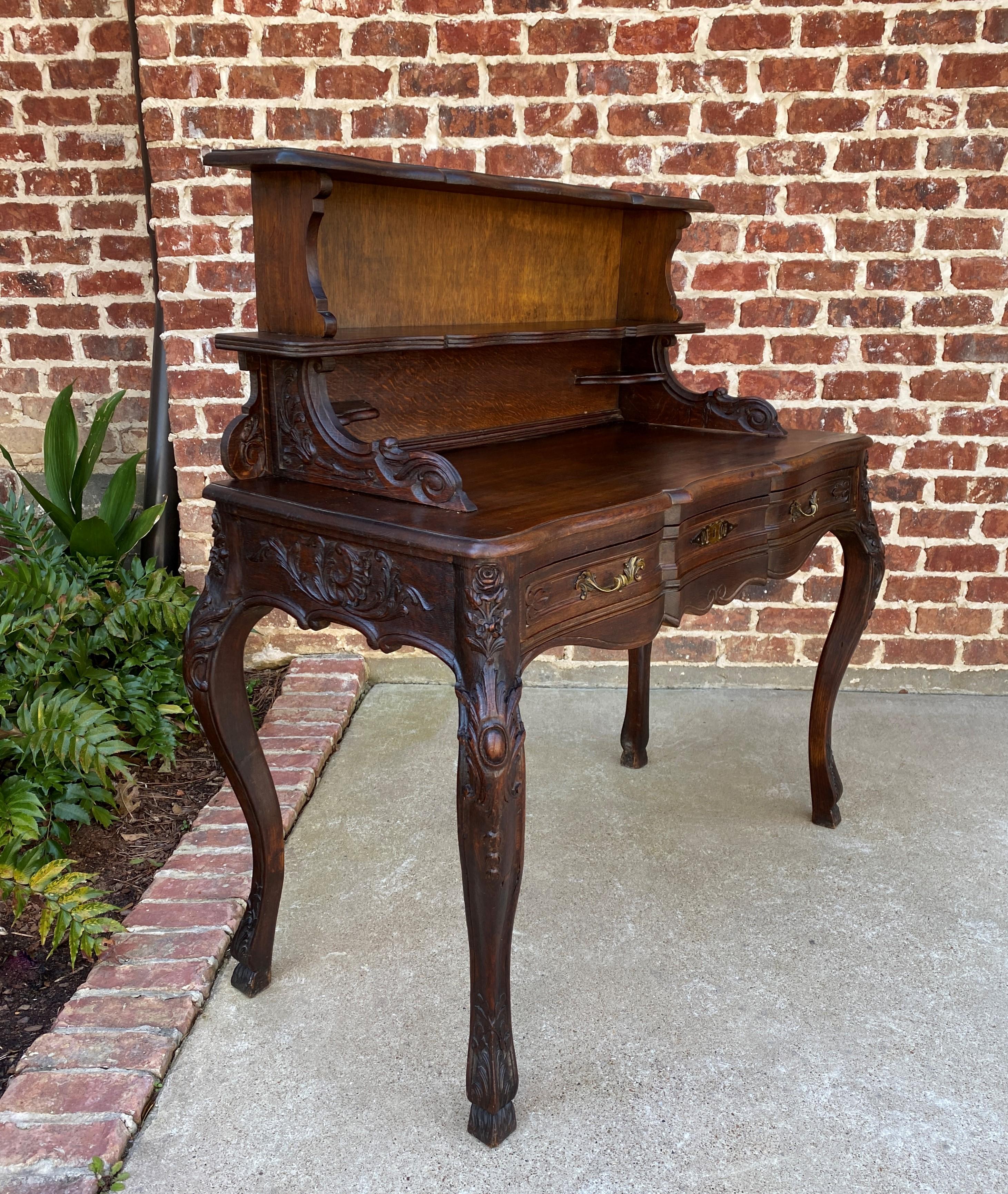 Antique French Desk Writing Table Entry Hall Louis XV Style Carved Oak Hoof Feet In Good Condition In Tyler, TX