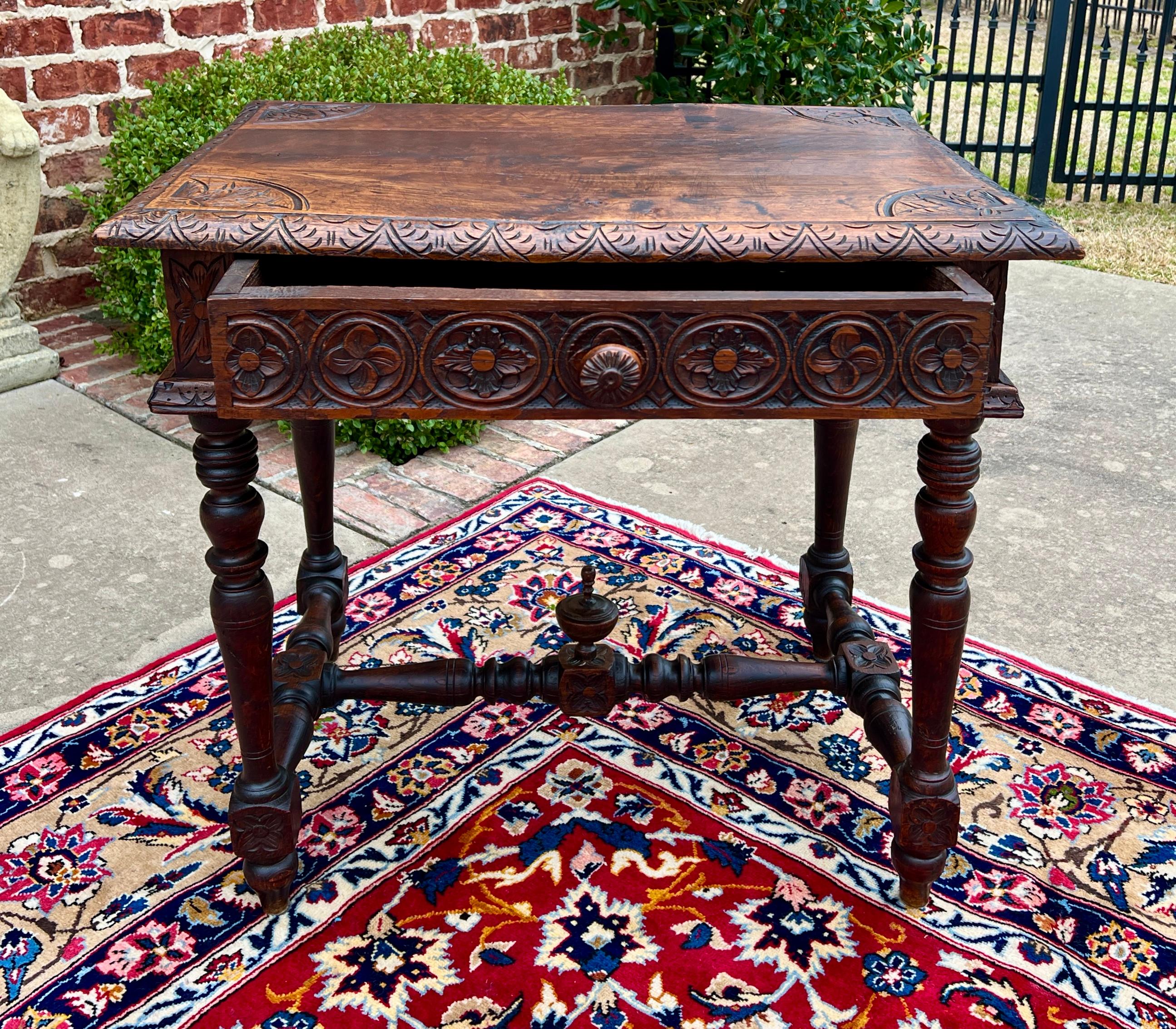Antique French Desk Writing Table Nightstand PETITE Drawer Carved Oak c. 1900 For Sale 5