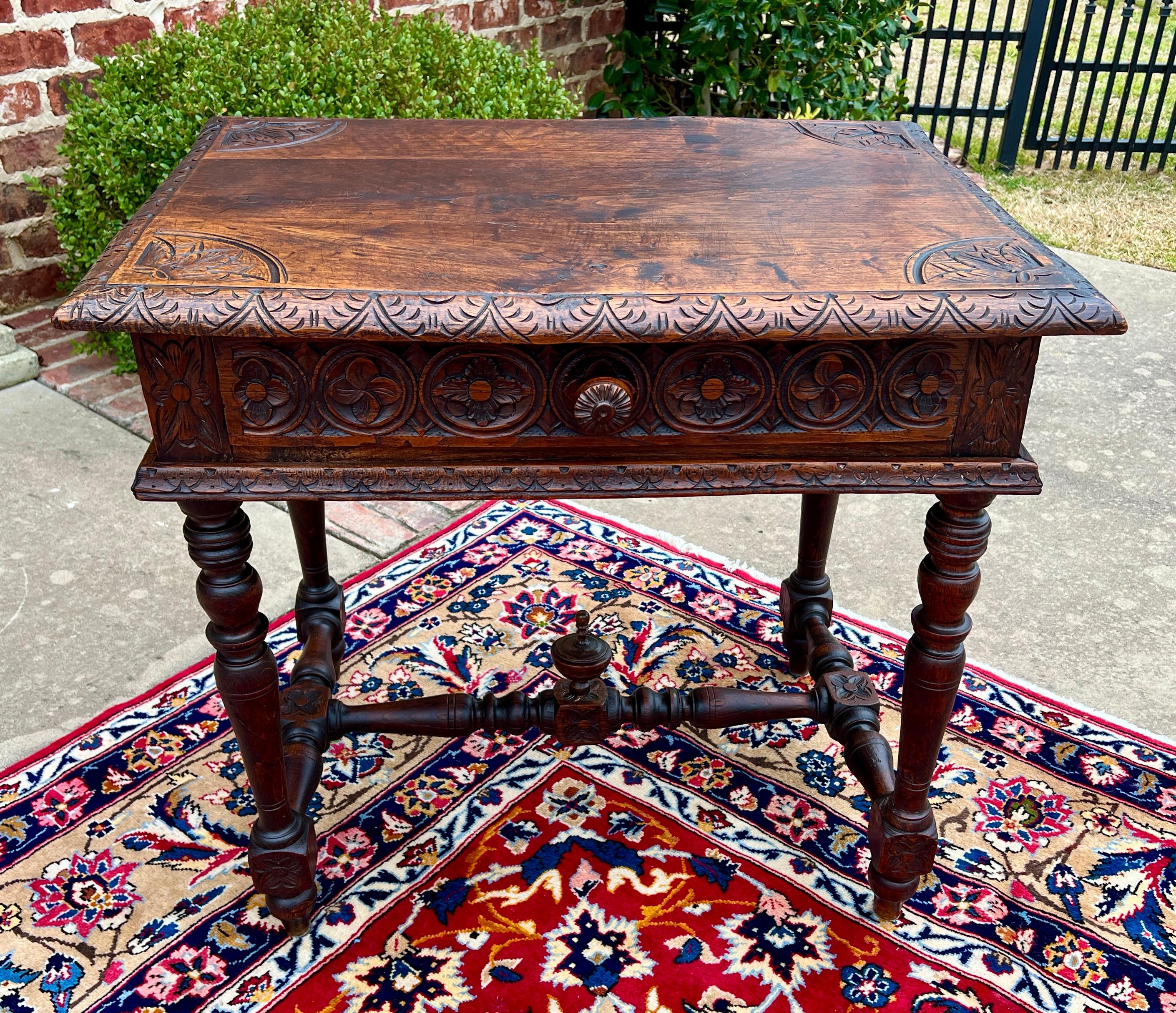 Antique French Desk Writing Table Nightstand PETITE Drawer Carved Oak c. 1900 For Sale 12