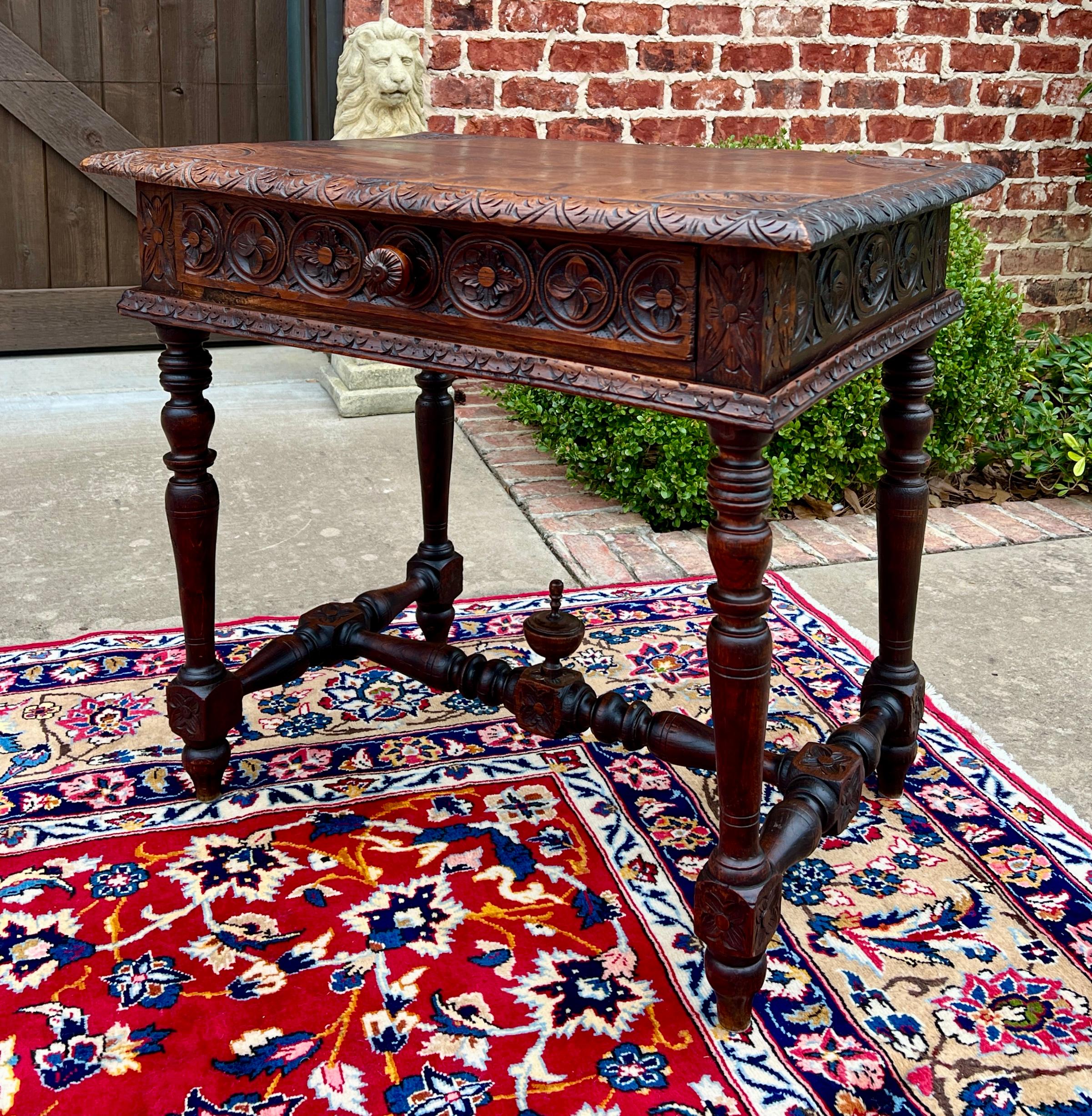 Antique French Desk Writing Table Nightstand PETITE Drawer Carved Oak c. 1900 For Sale 14