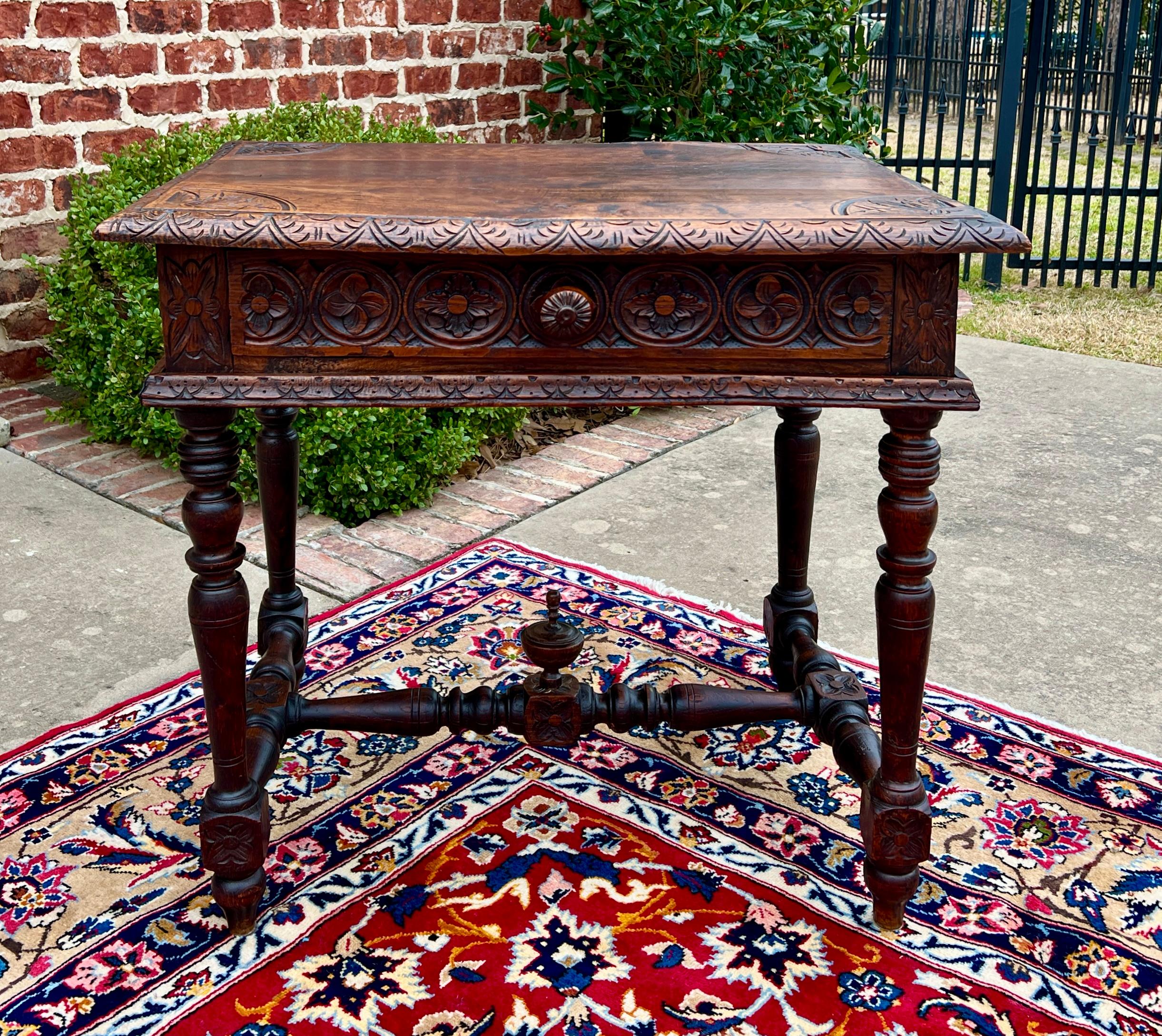 GORGEOUS Antique French Oak Renaissance Revival PETITE Desk or Nightstand with Carved Top, Wide Drawer, Turned Post Legs, Stretcher and Up Finial
~~c. 1900

With so many people working from home now, DESKS have become our most often requested items