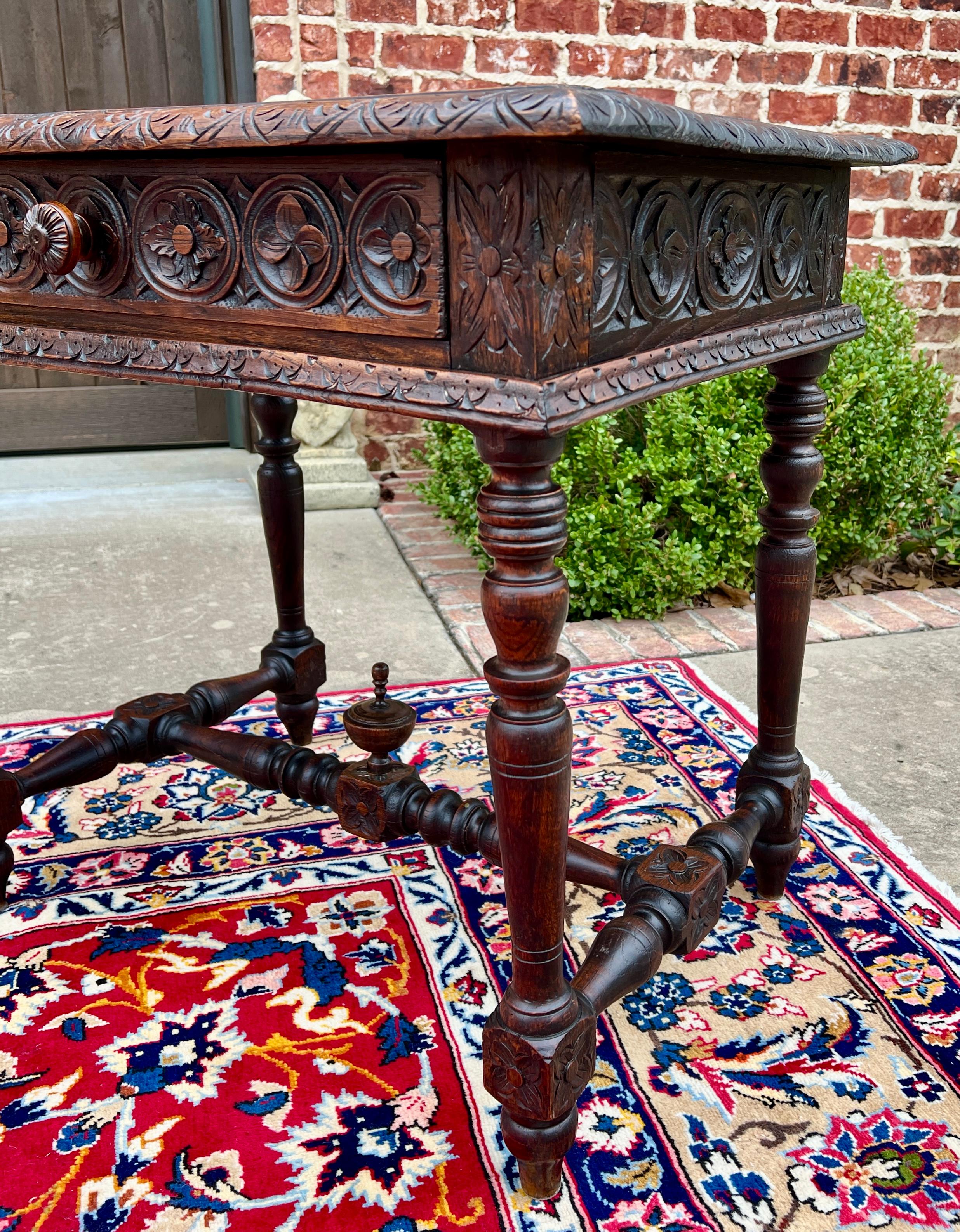 Antique French Desk Writing Table Nightstand PETITE Drawer Carved Oak c. 1900 For Sale 15