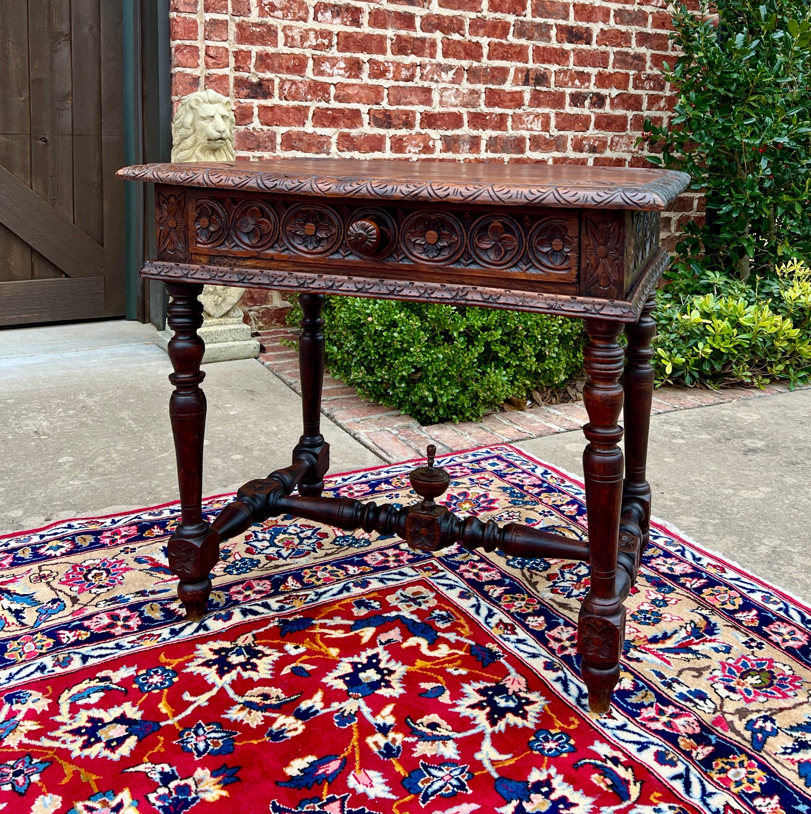 Renaissance Revival Antique French Desk Writing Table Nightstand PETITE Drawer Carved Oak c. 1900 For Sale
