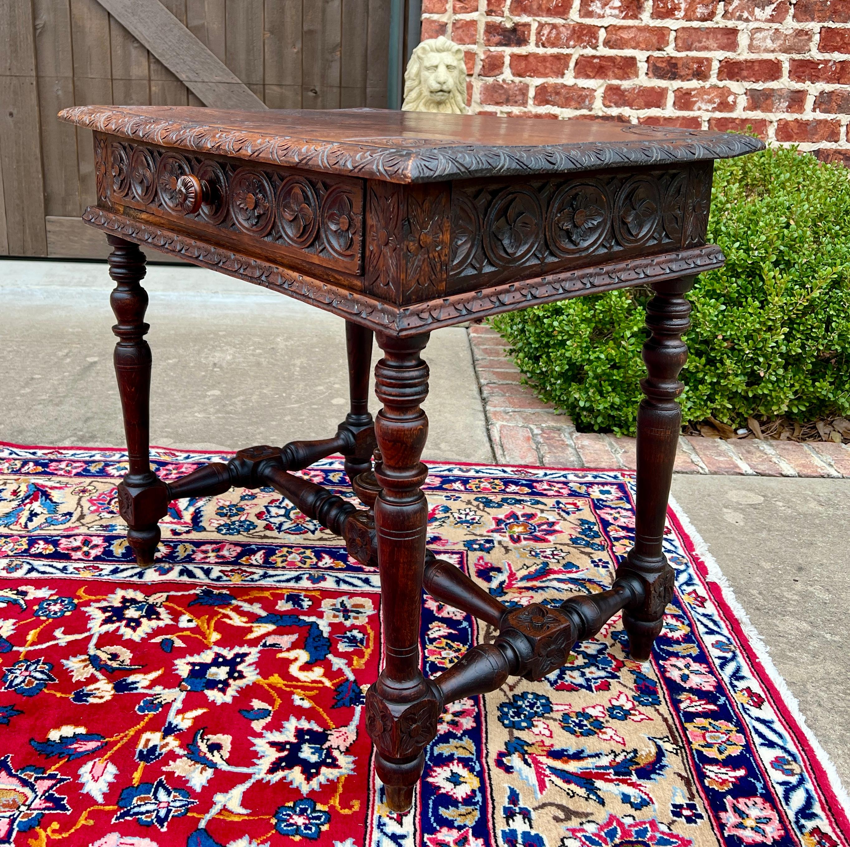 Antique French Desk Writing Table Nightstand PETITE Drawer Carved Oak c. 1900 In Good Condition For Sale In Tyler, TX