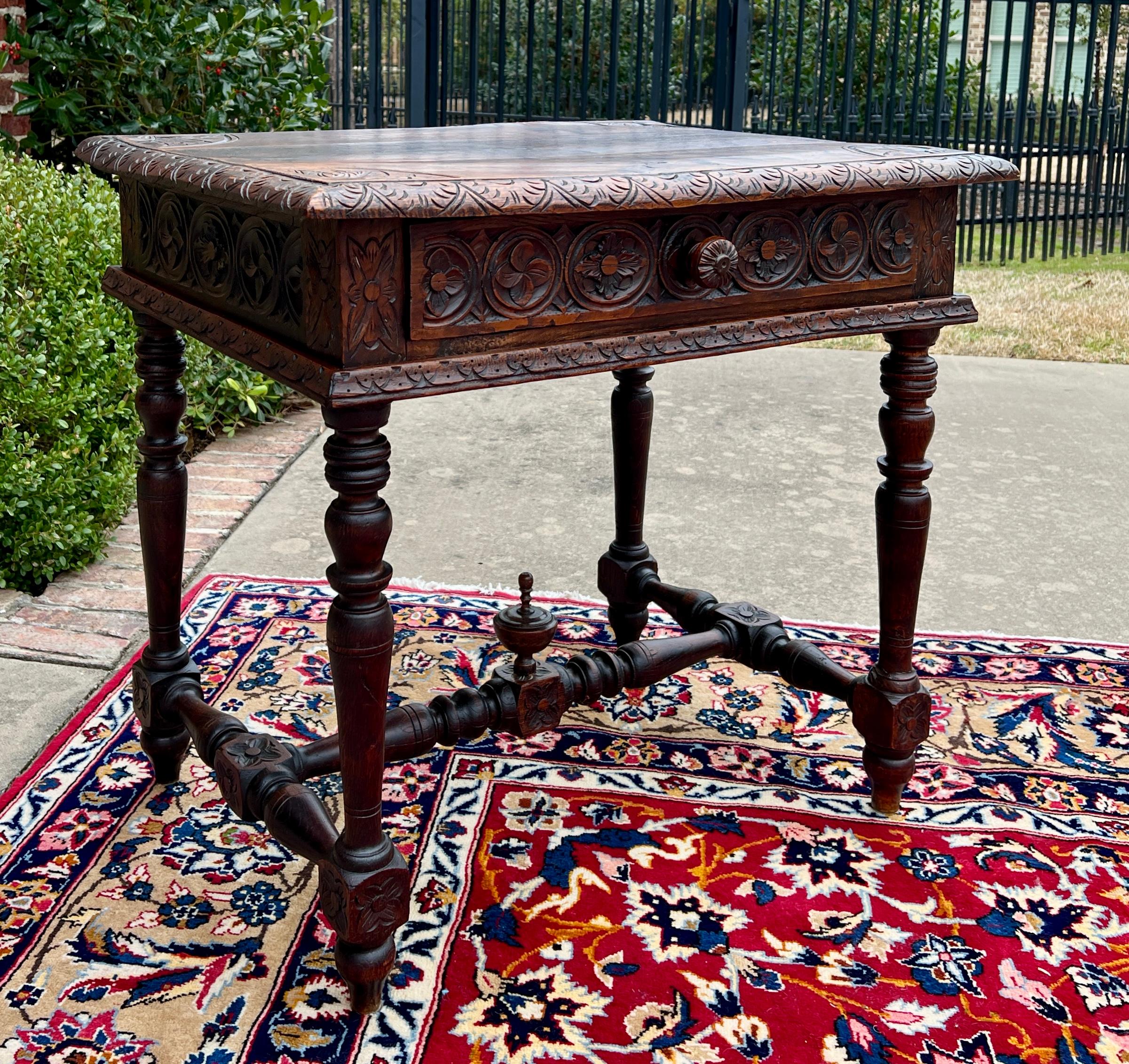 Antique French Desk Writing Table Nightstand PETITE Drawer Carved Oak c. 1900 For Sale 1