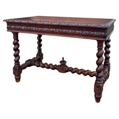 Ancienne table de bureau française Renaissance avec tiroir en chêne torsadé vers 1920