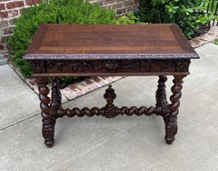 Antique French Desk Writing Table Renaissance Wide Drawer Oak Barley Twist