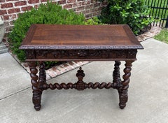 Antique French Desk Writing Table Renaissance Wide Drawer Oak Barley Twist