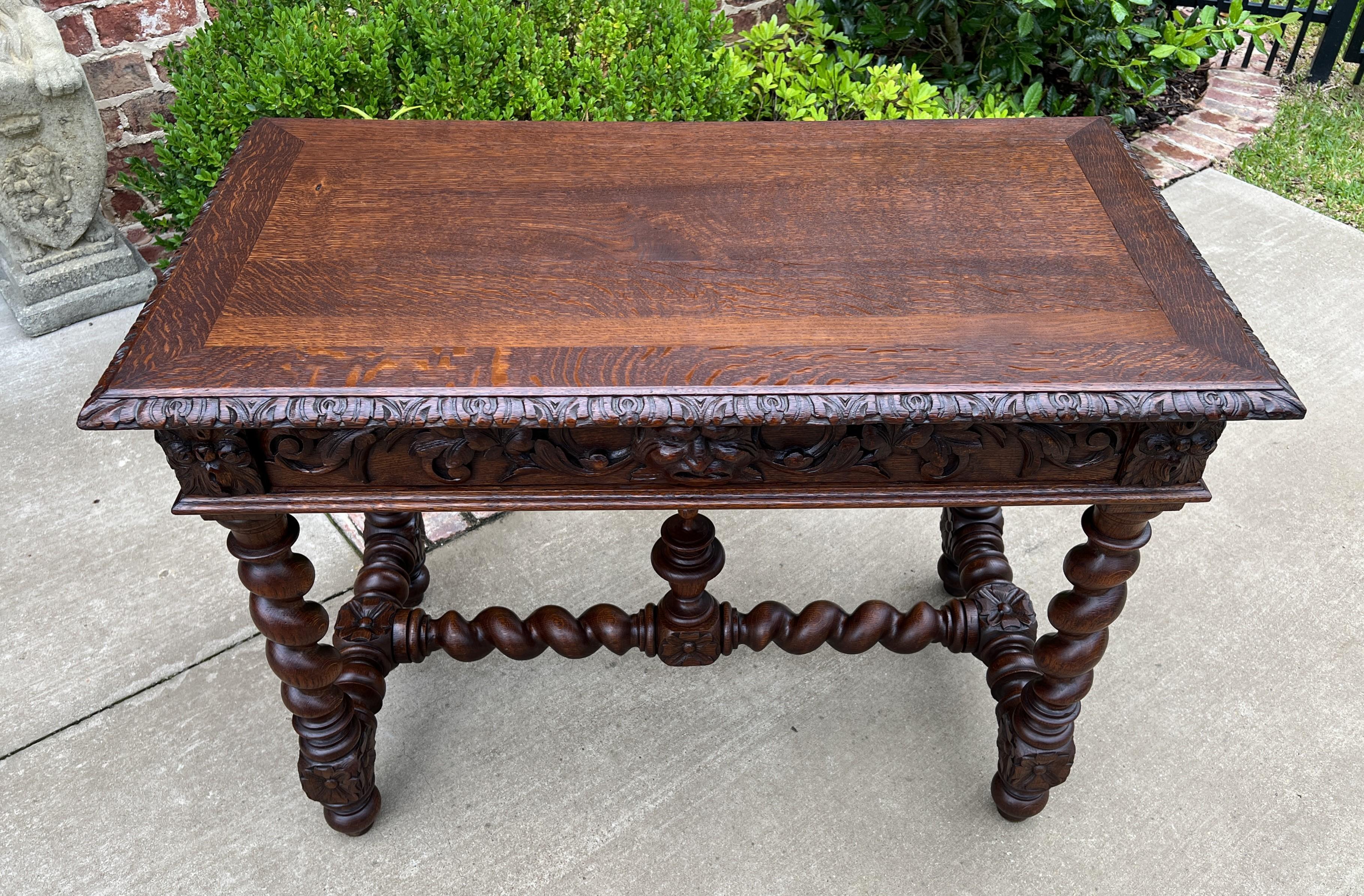Renaissance Revival Antique French Desk Writing Table Renaissance Wide Drawer Oak Barley Twist For Sale