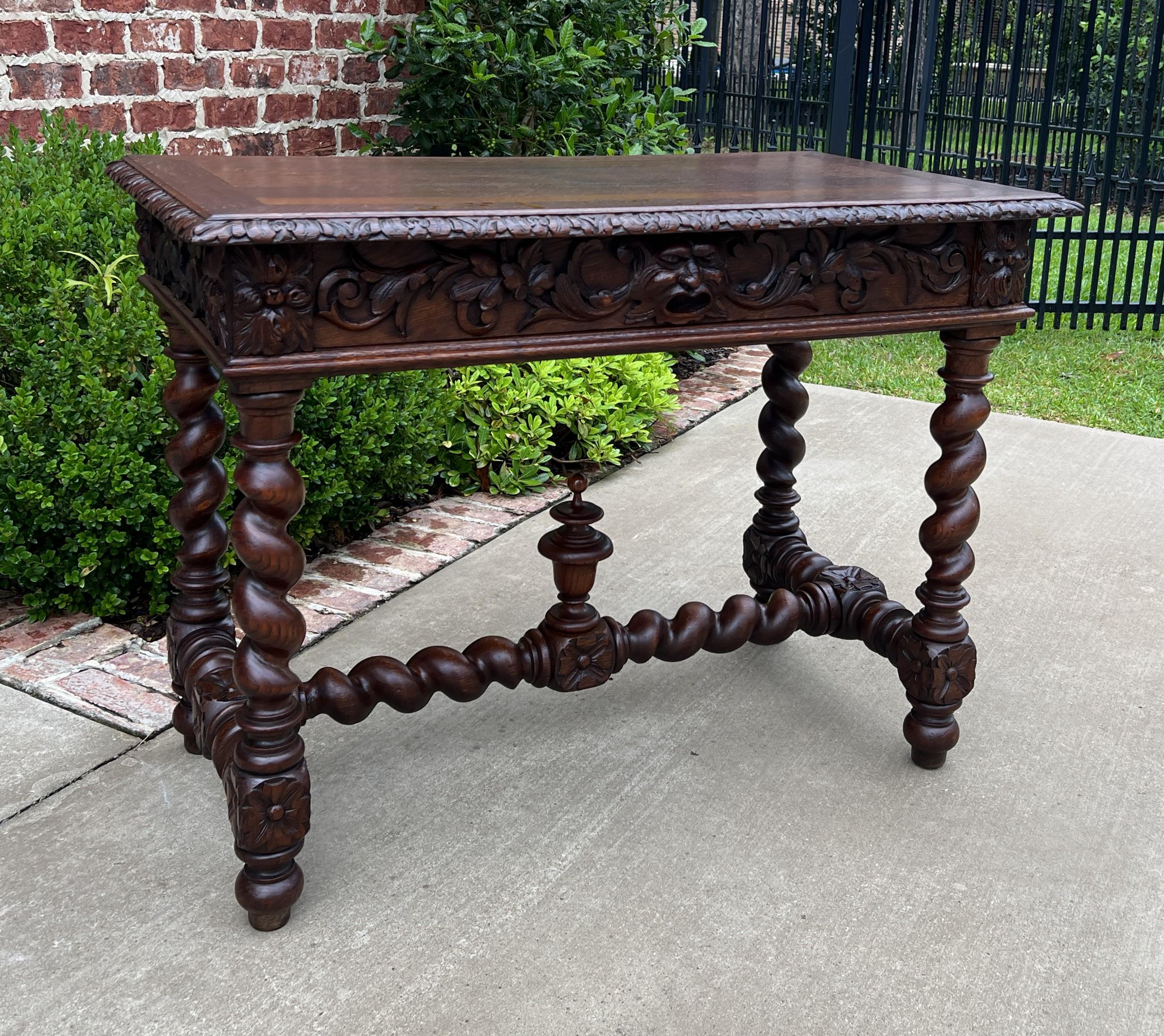 Antique French Desk Writing Table Renaissance Wide Drawer Oak Barley Twist In Good Condition For Sale In Tyler, TX
