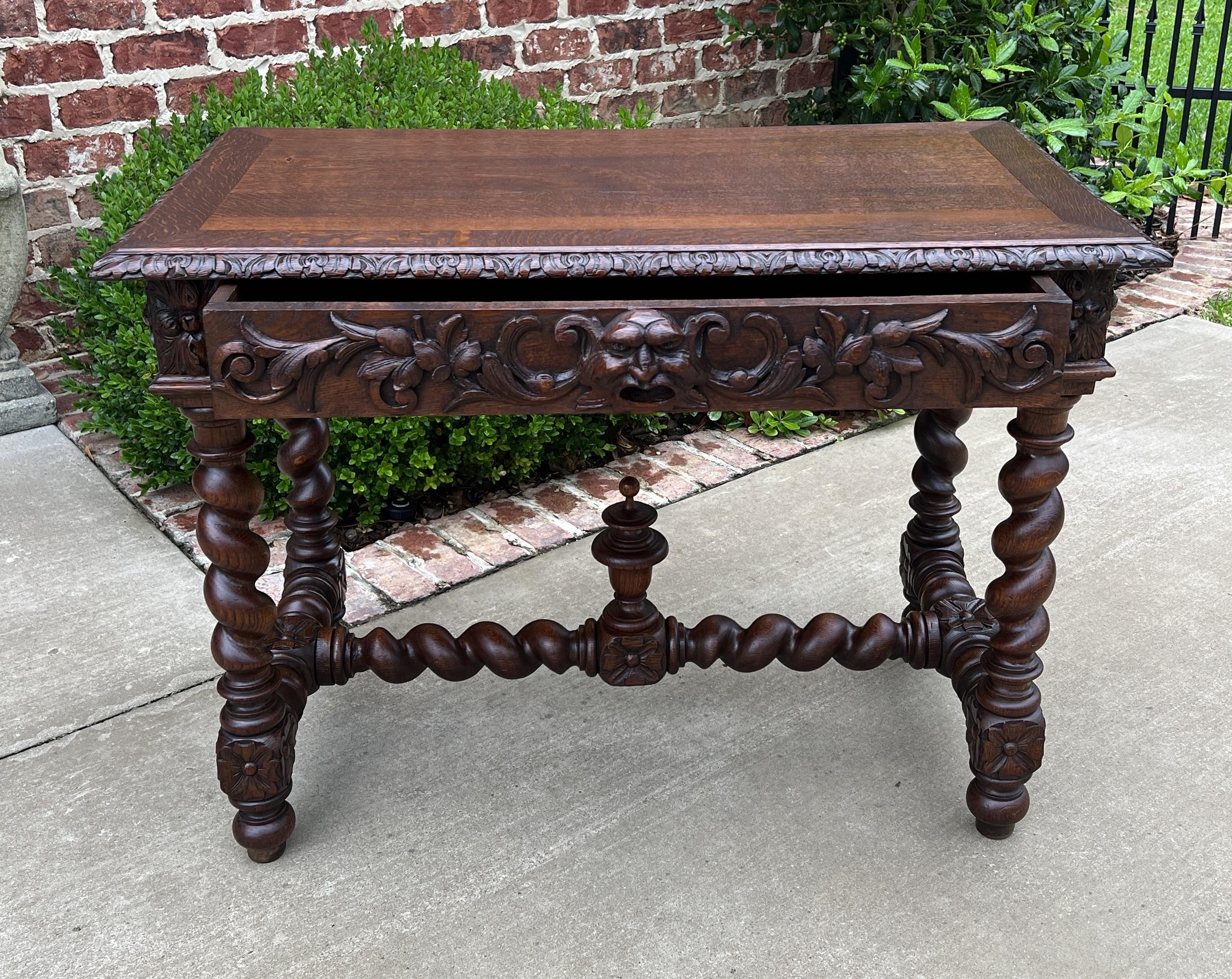 Antique French Desk Writing Table Renaissance Wide Drawer Oak Barley Twist For Sale 1