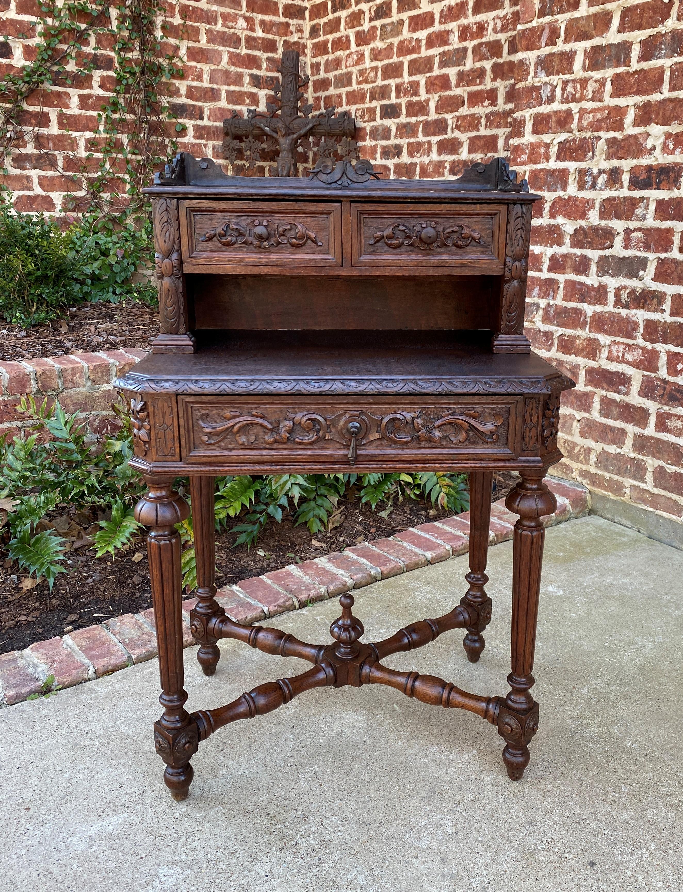 Beautiful 19th century petite Antique French Oak Renaissance revival small desk secretary and drawers~~X stretcher.
~~c. 1880s 

With so many people working from home now, desks have become our most often requested items this year~~this is a