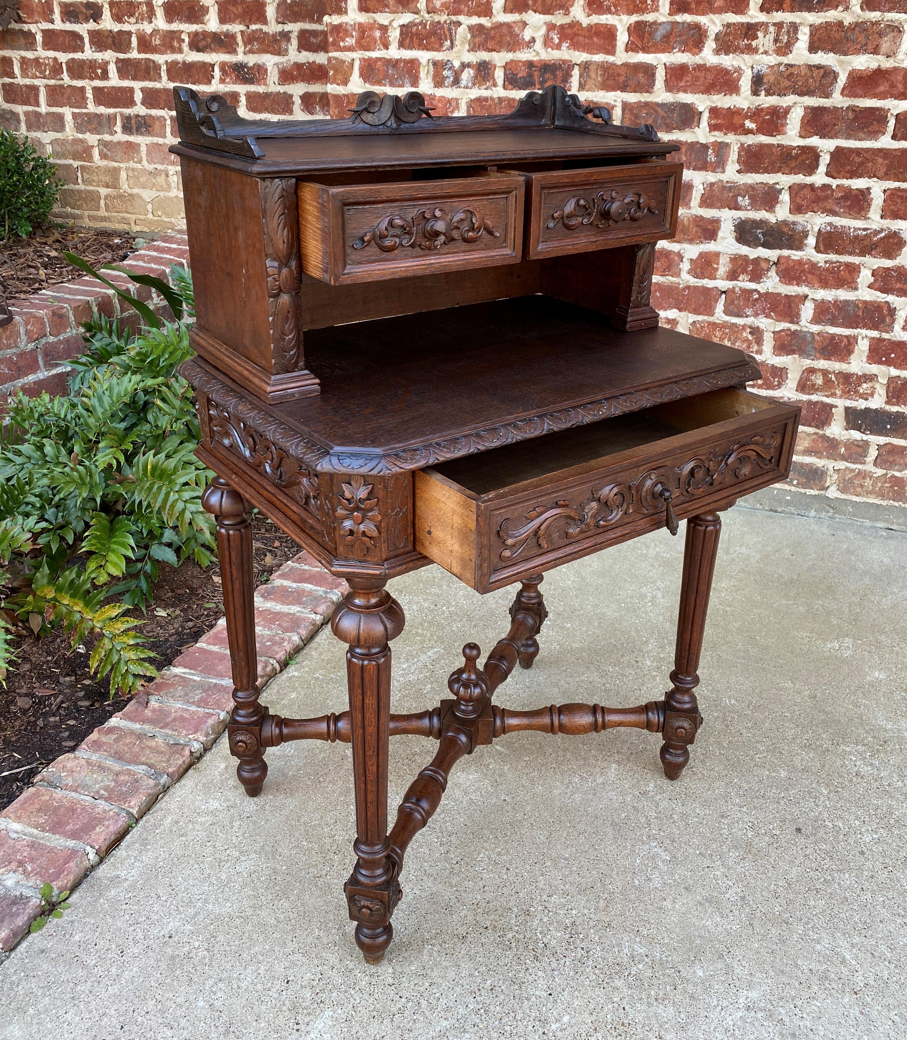 Antique French Desk Writing Table Secretary Drawers Oak Petite Renaissance Table In Good Condition In Tyler, TX