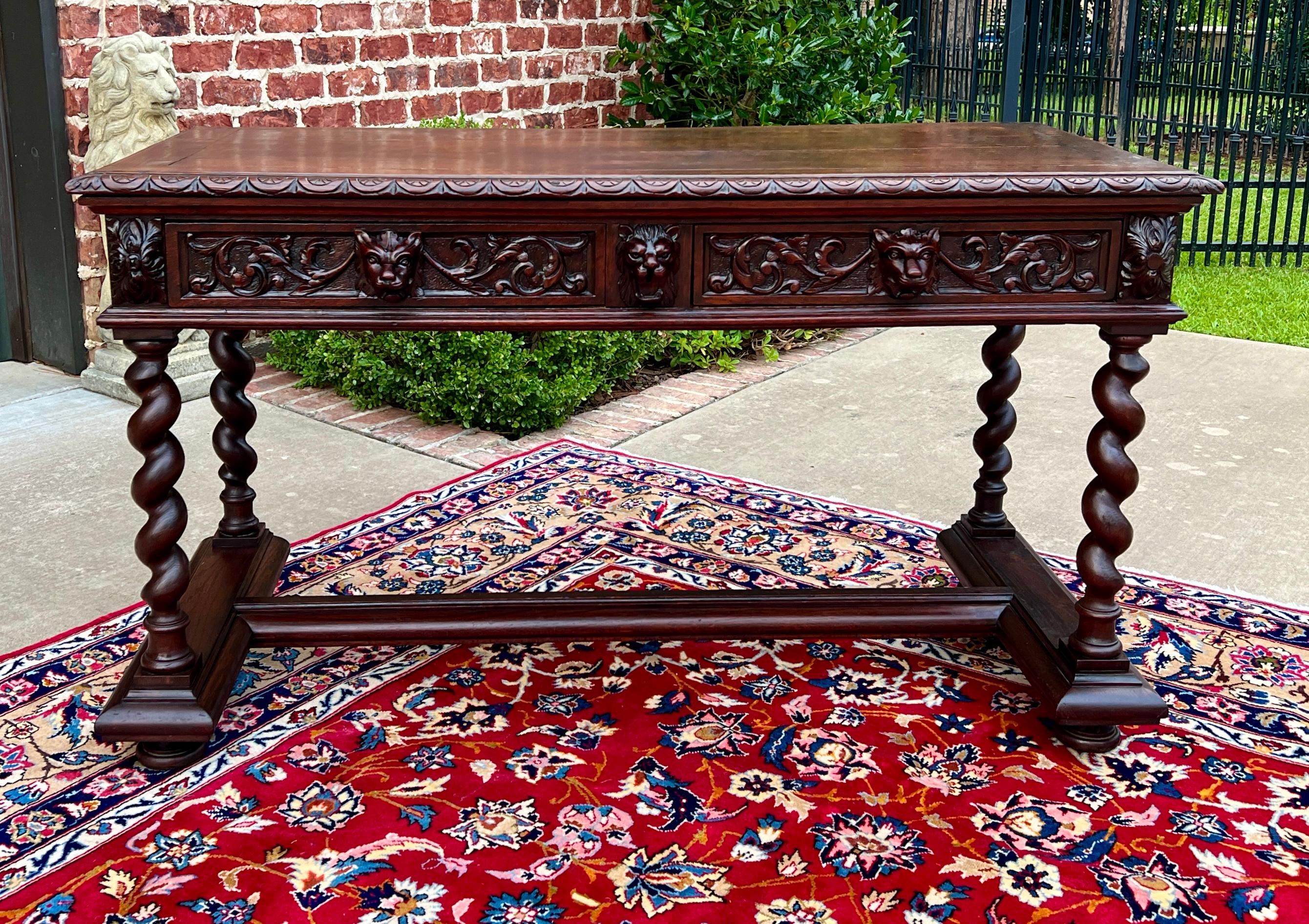 GORGEOUS 19th Century Antique French Oak Renaissance Revival Desk or the Perfect Entry/Sofa Table with Double Drawers and Barley Twist Legs with 