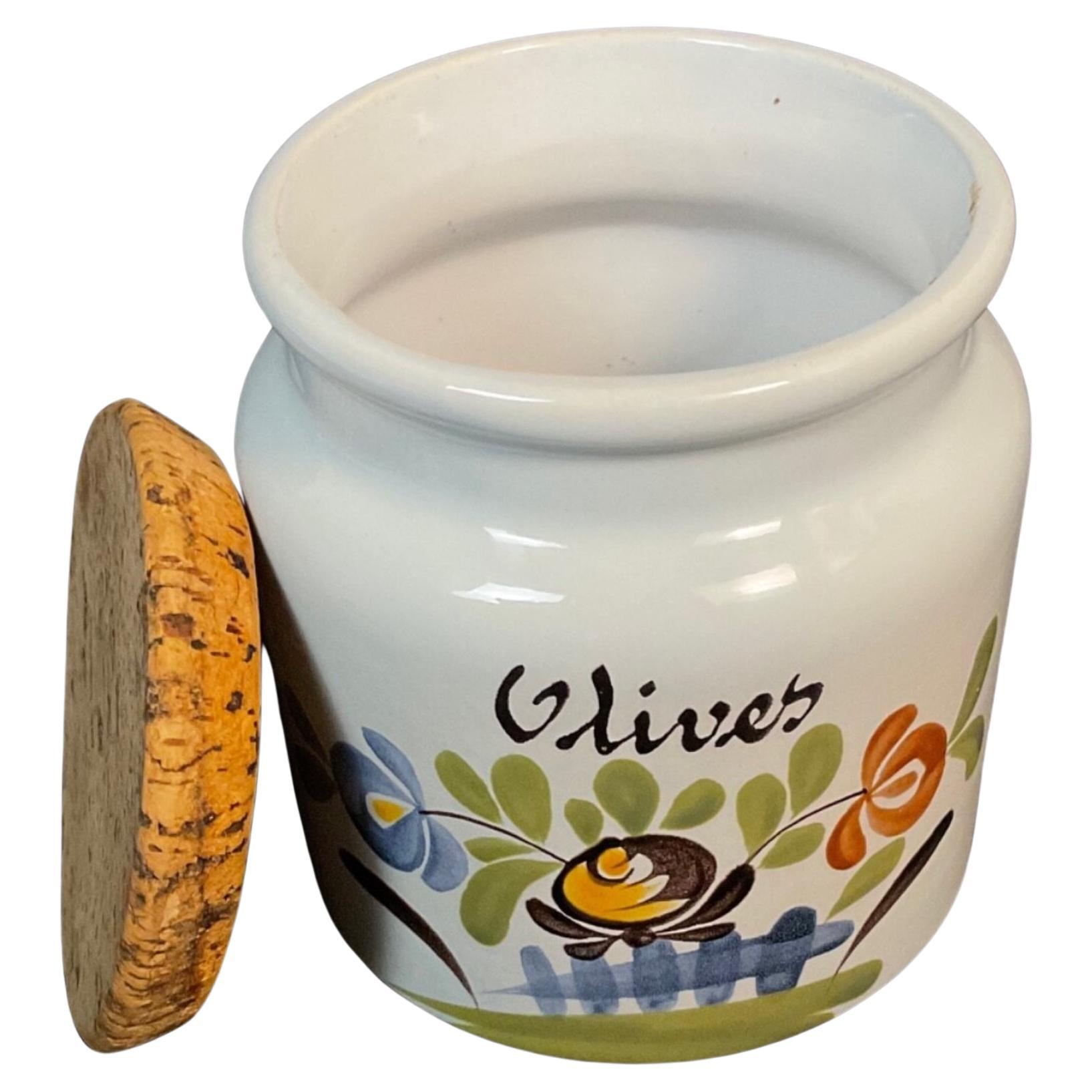 Antique French Desvres Fayence Olive Topf, handgemalte Landhausstil - 2Y614 im Angebot