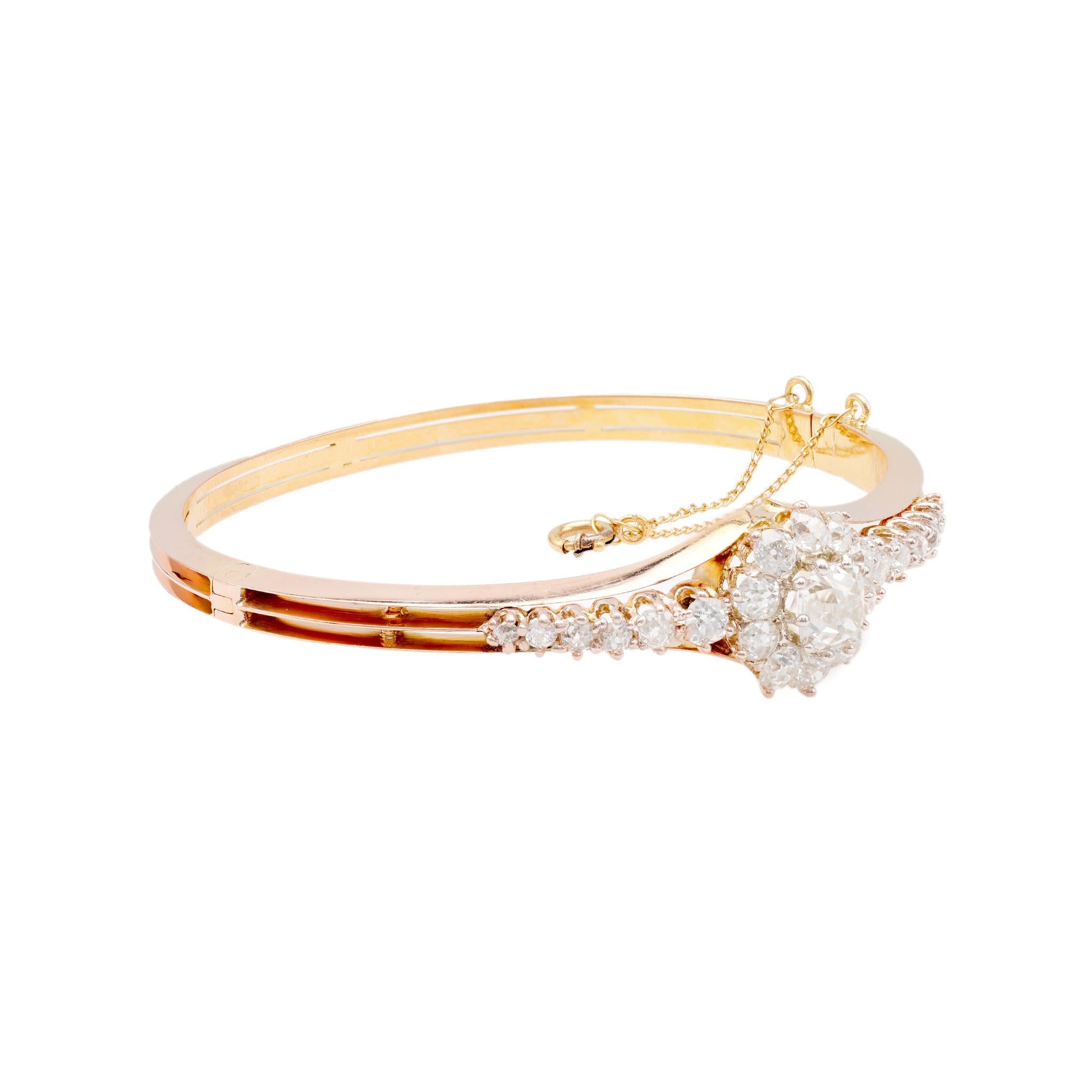 Women's or Men's Antique French Diamond 18k Rose Gold Bangle Bracelet For Sale