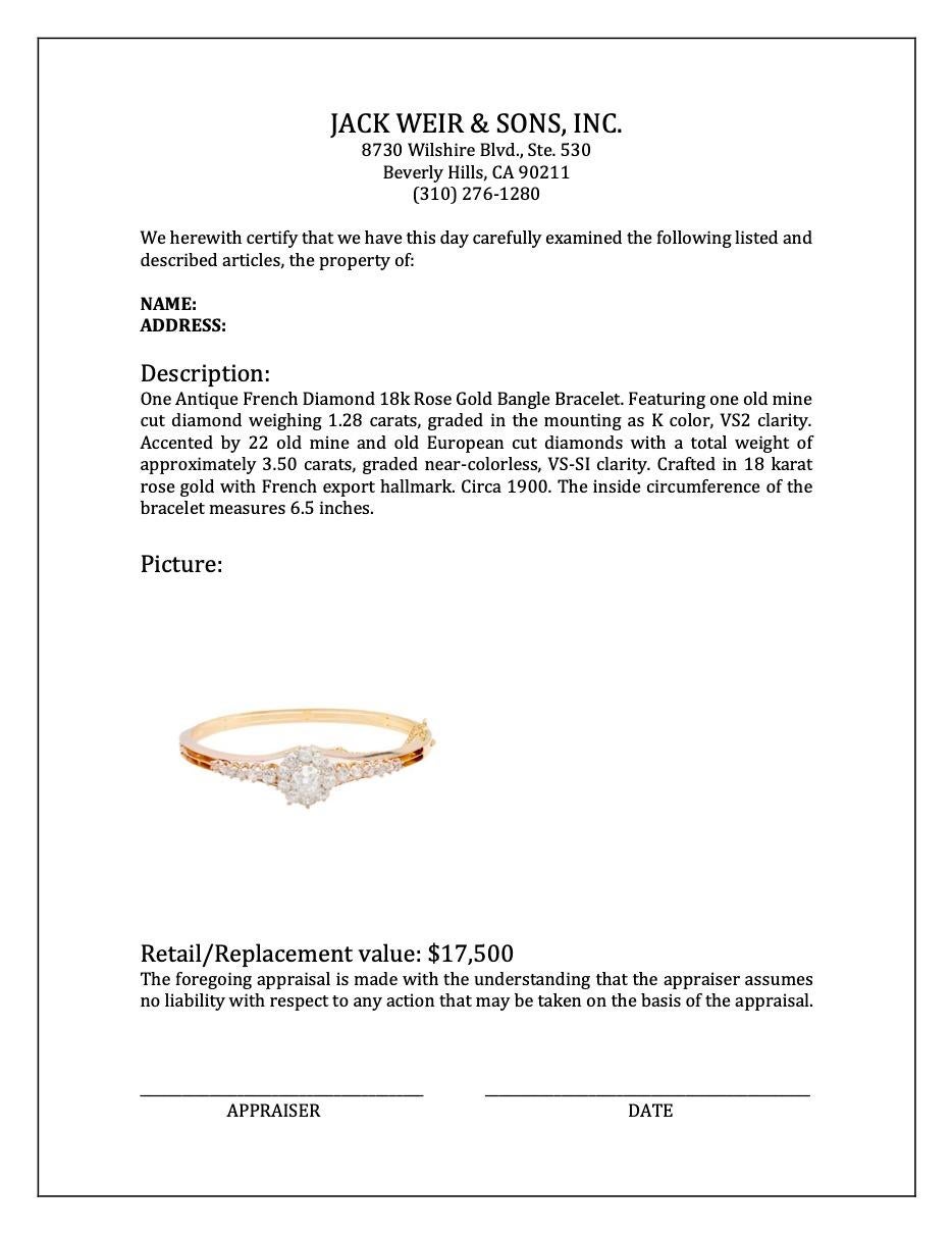 Antique French Diamond 18k Rose Gold Bangle Bracelet For Sale 2