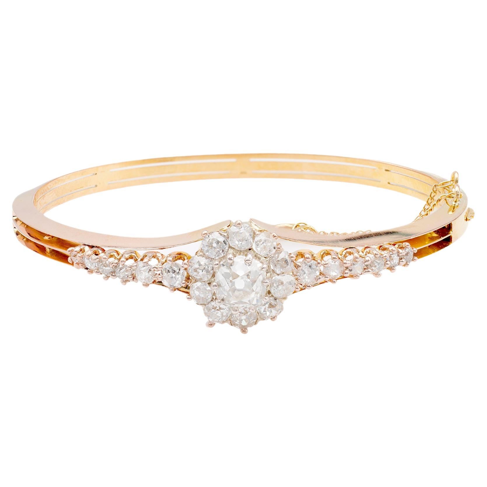 Antique French Diamond 18k Rose Gold Bangle Bracelet