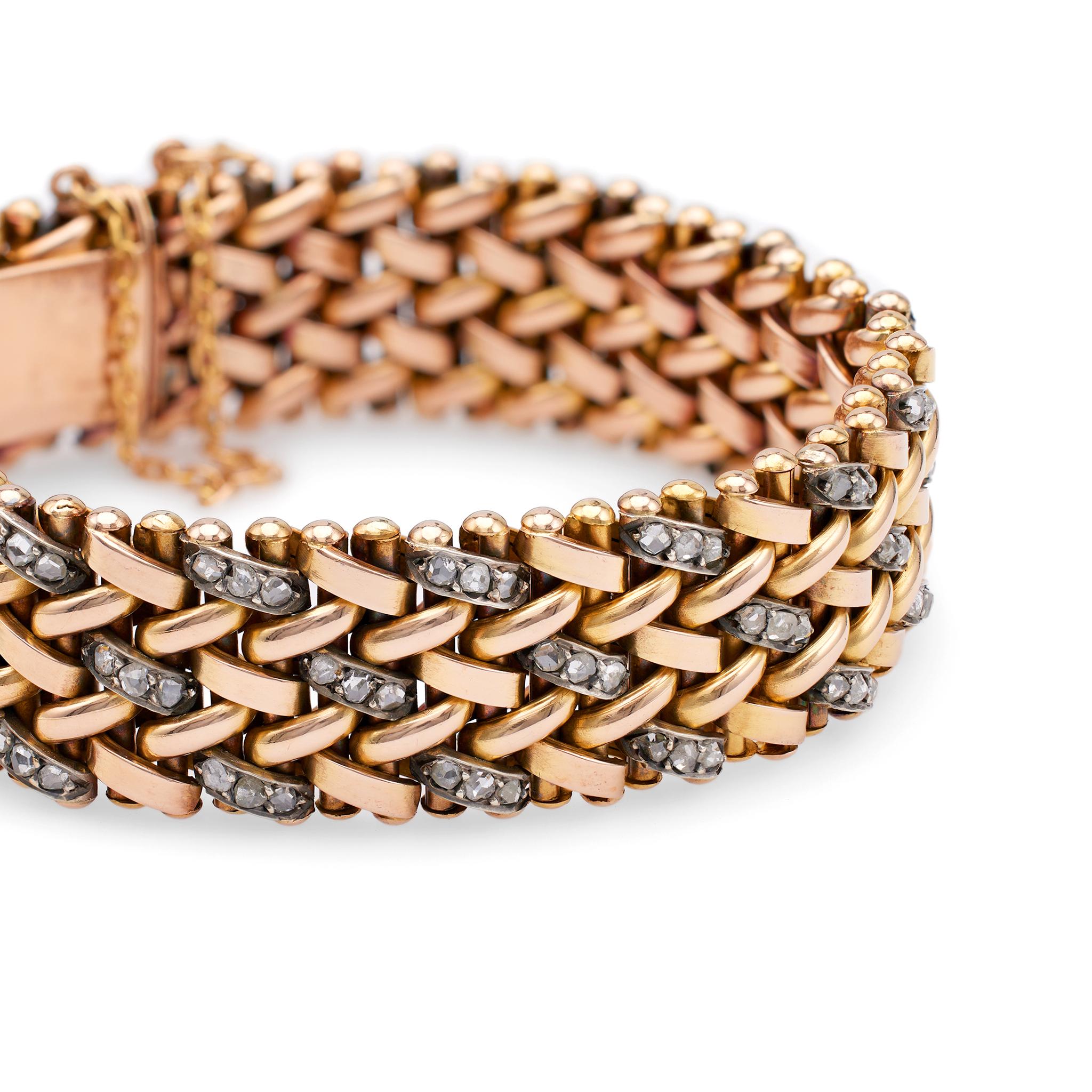 Antique French Diamond 18k Rose Gold Silver Woven Link Bracelet In Good Condition For Sale In Beverly Hills, CA