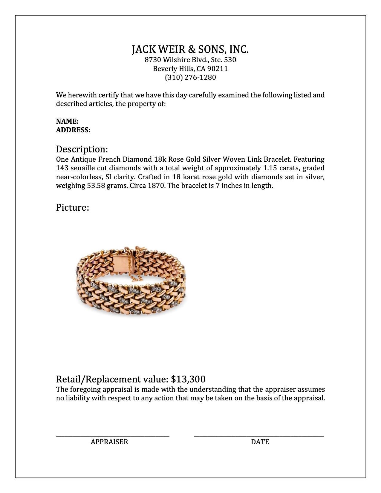Women's or Men's Antique French Diamond 18k Rose Gold Silver Woven Link Bracelet For Sale