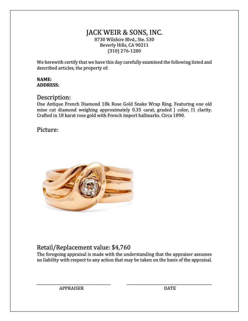 Antique French Diamond 18k Rose Gold Snake Wrap Ring In Good Condition In Beverly Hills, CA