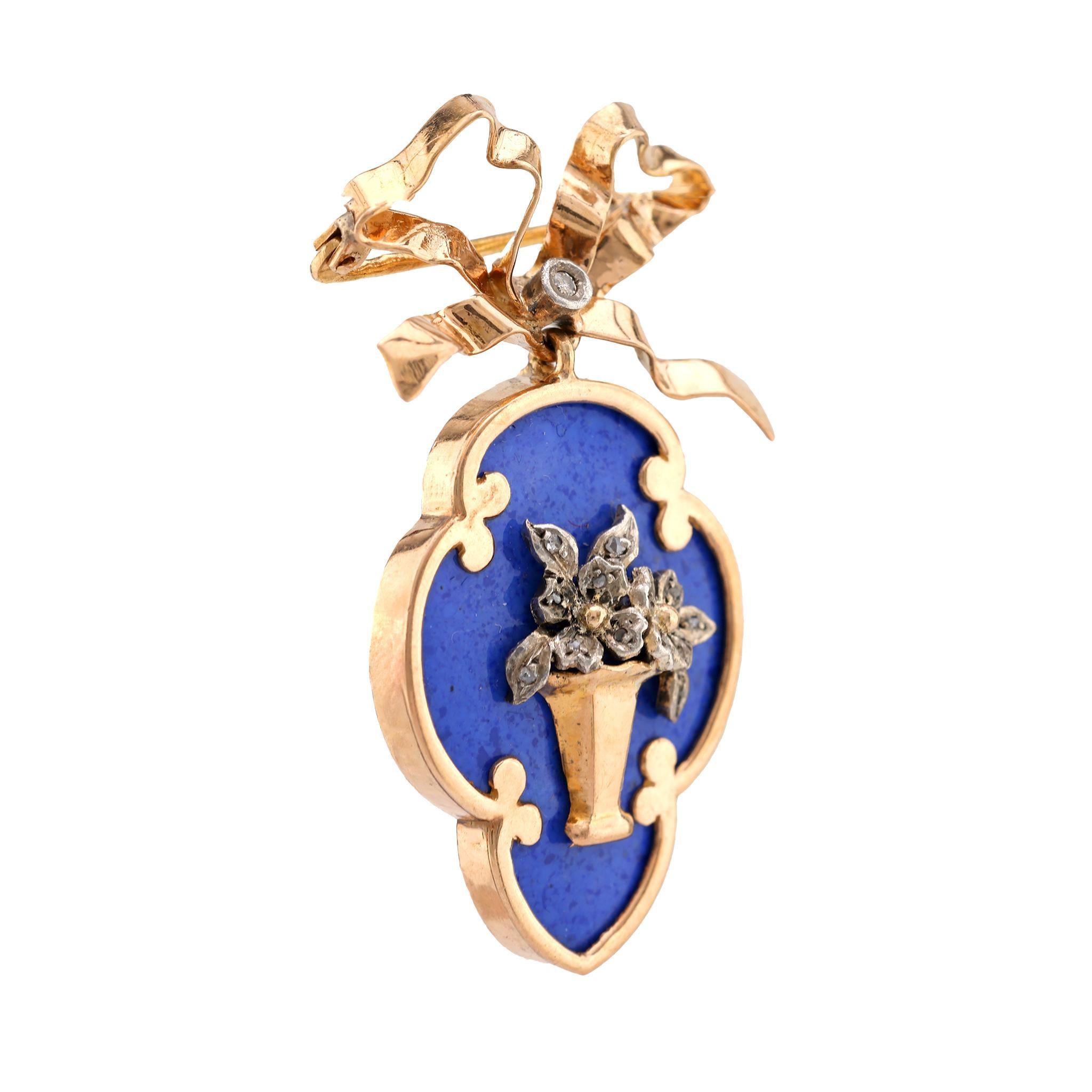 Rose Cut Antique French Diamond 18K Yellow Gold Enamel Bouquet Brooch For Sale