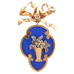 Antique French Diamond 18K Yellow Gold Enamel Bouquet Brooch