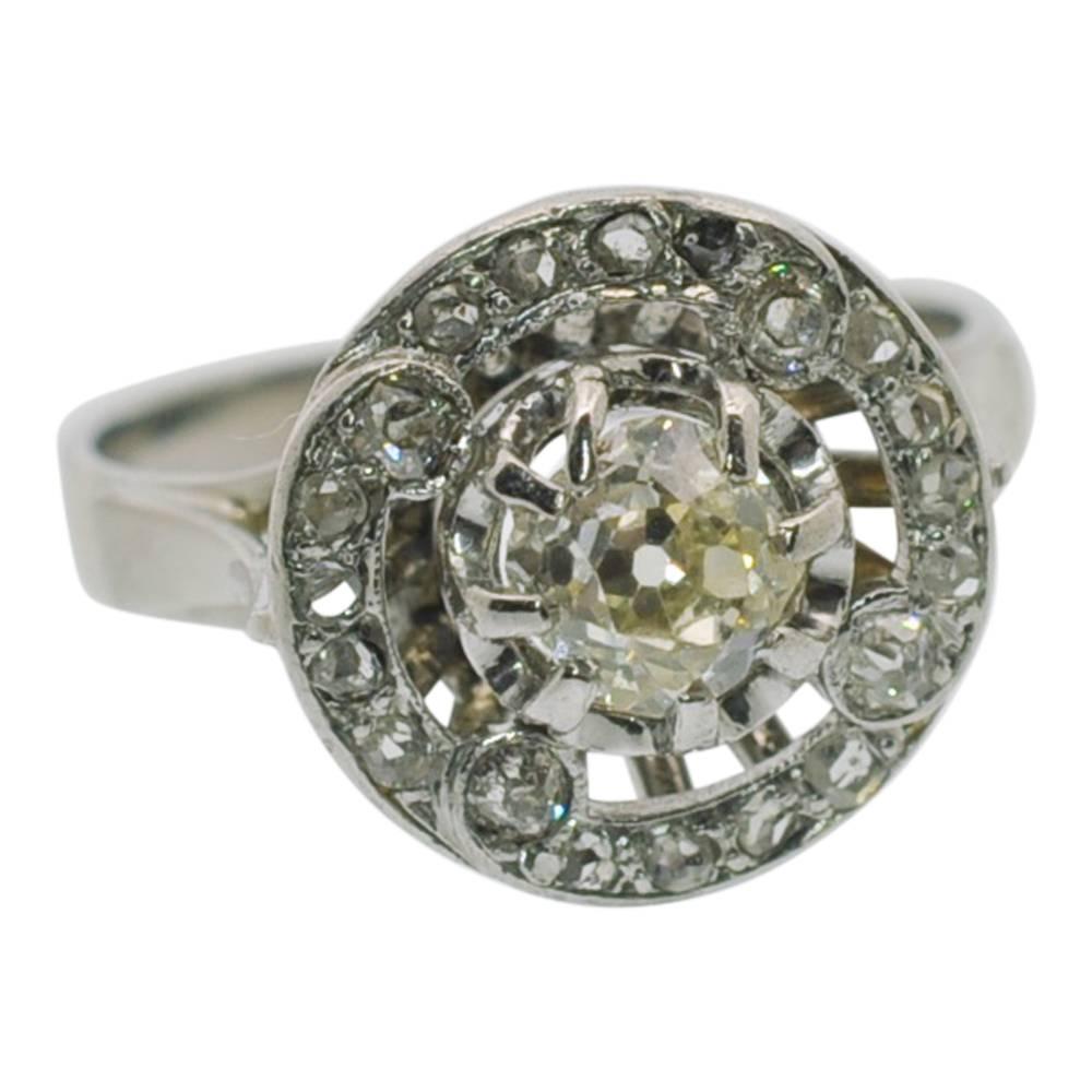 Edwardian Antique French Diamond 1920s Halo Gold Ring