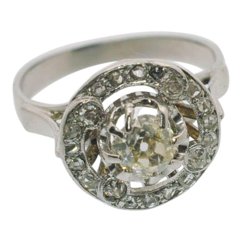 Round Cut Antique French Diamond 1920s Halo Gold Ring