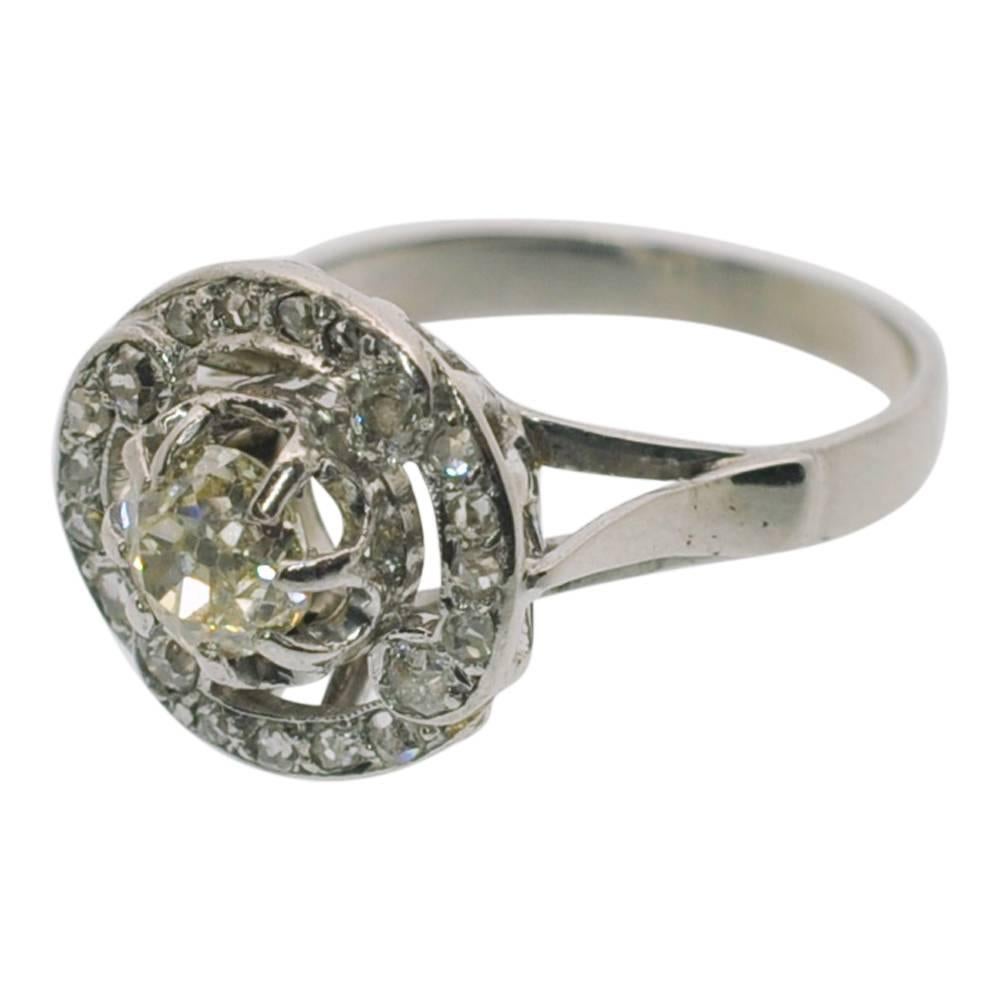 Women's Antique French Diamond 1920s Halo Gold Ring