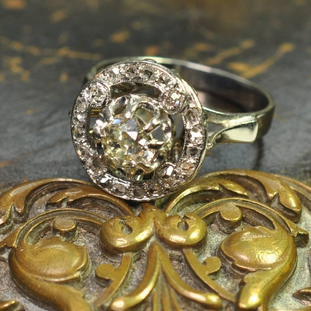 Antique French Diamond 1920s Halo Gold Ring 3