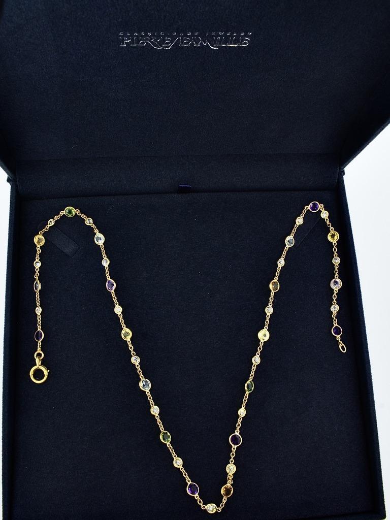 French Diamond and colored Stone Necklace, c. 1880. 22 inches in length, this colorful statement has an estimated weight of 4.85 cts of European old cut diamonds interspersed with approximately 12 cts., of semi precious stones. These stones are all