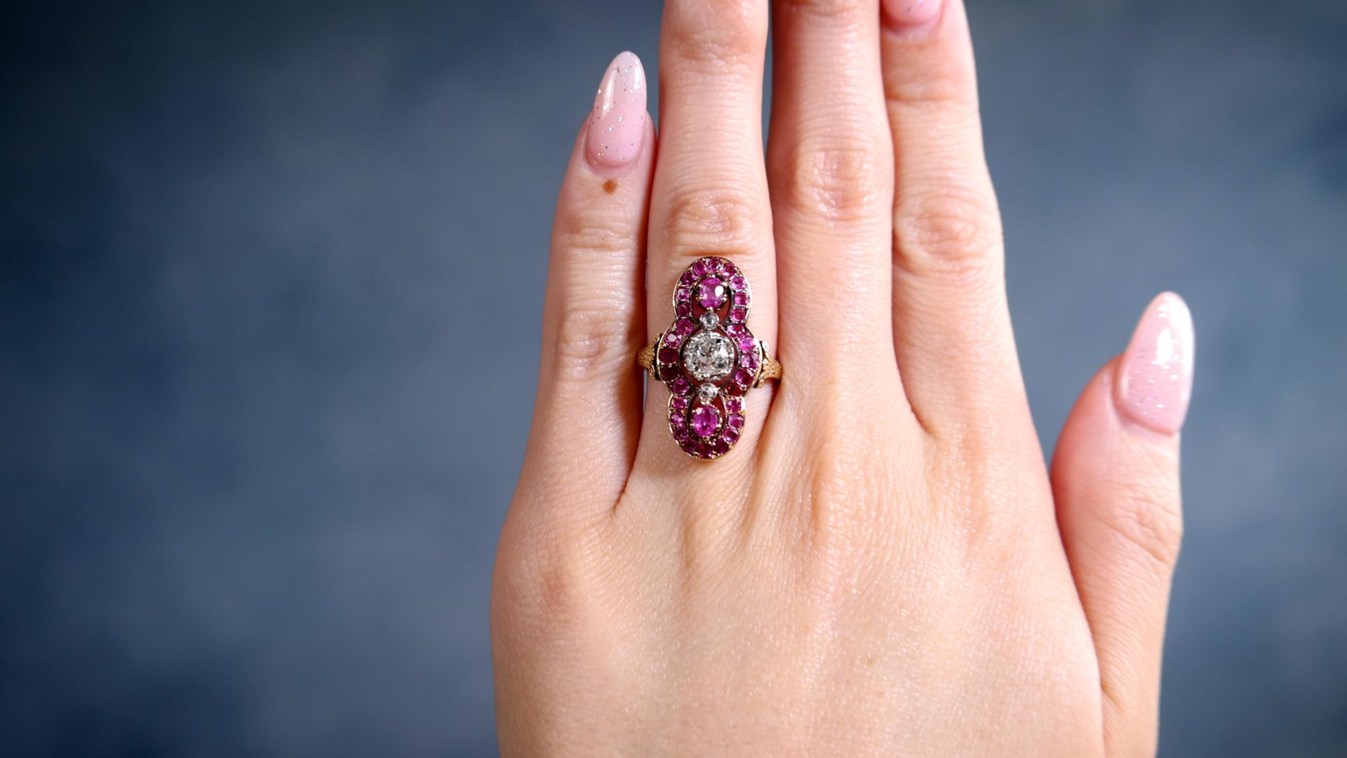 Old Mine Cut Antique French Diamond and Ruby 18k Yellow Gold Ring For Sale