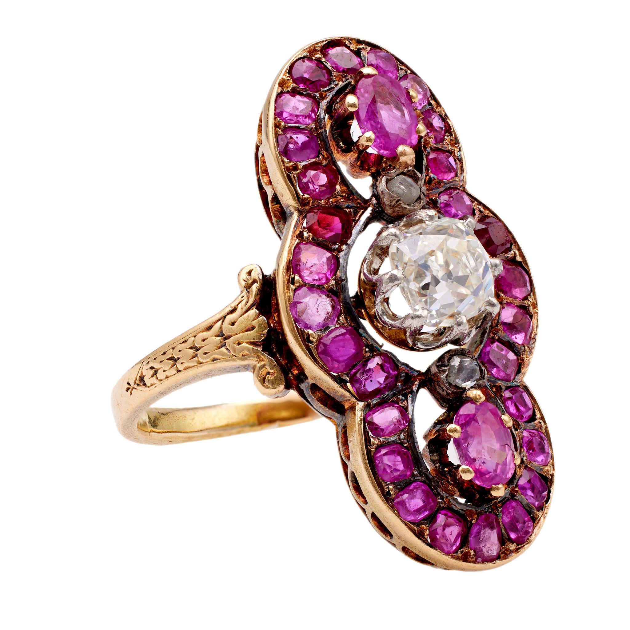 Women's or Men's Antique French Diamond and Ruby 18k Yellow Gold Ring For Sale