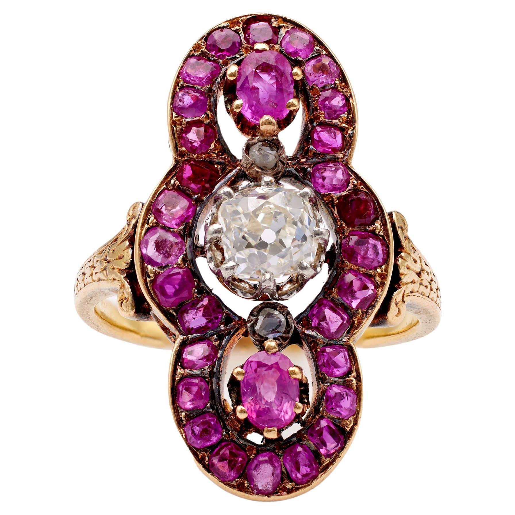 Antique French Diamond and Ruby 18k Yellow Gold Ring