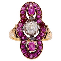 Antiker französischer Diamant- und Rubin-Ring aus 18 Karat Gelbgold