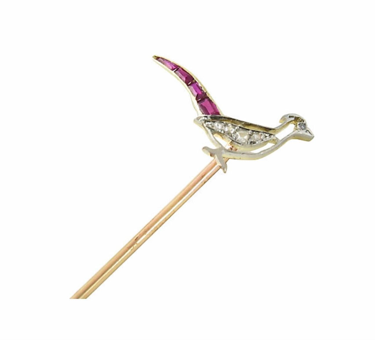 Antique French Diamond and Ruby Bird Stick Pin Brooch In Good Condition In Miami Beach, FL