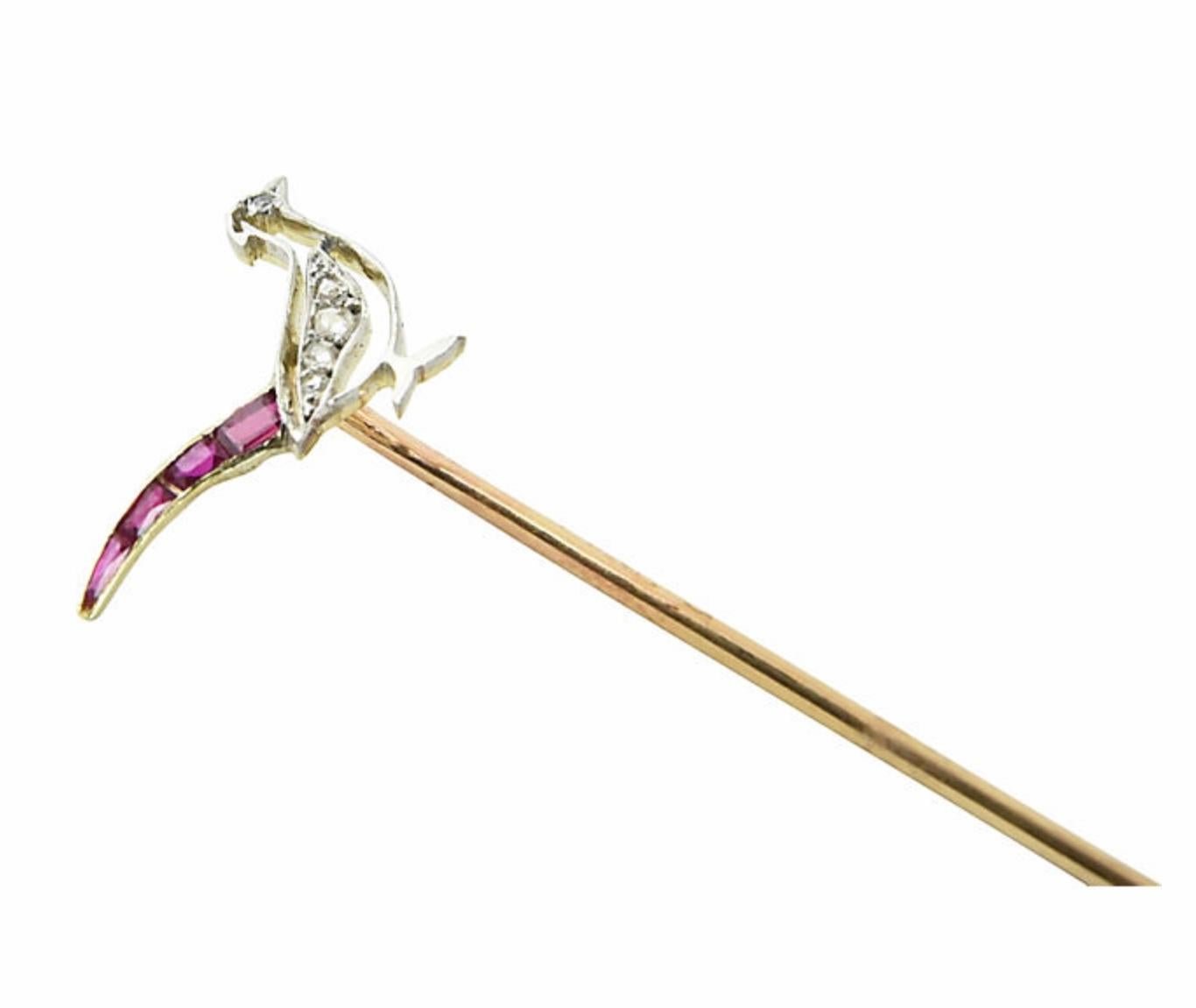 Antique French Diamond and Ruby Bird Stick Pin Brooch 3
