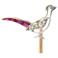 Antique French Diamond and Ruby Bird Stick Pin Brooch