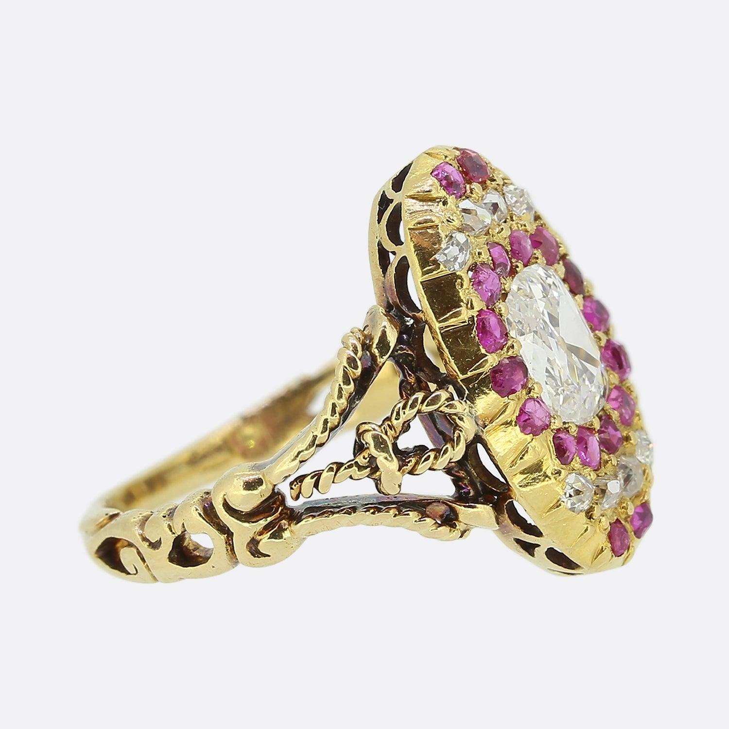 Cushion Cut Antique French Diamond and Ruby Ring For Sale