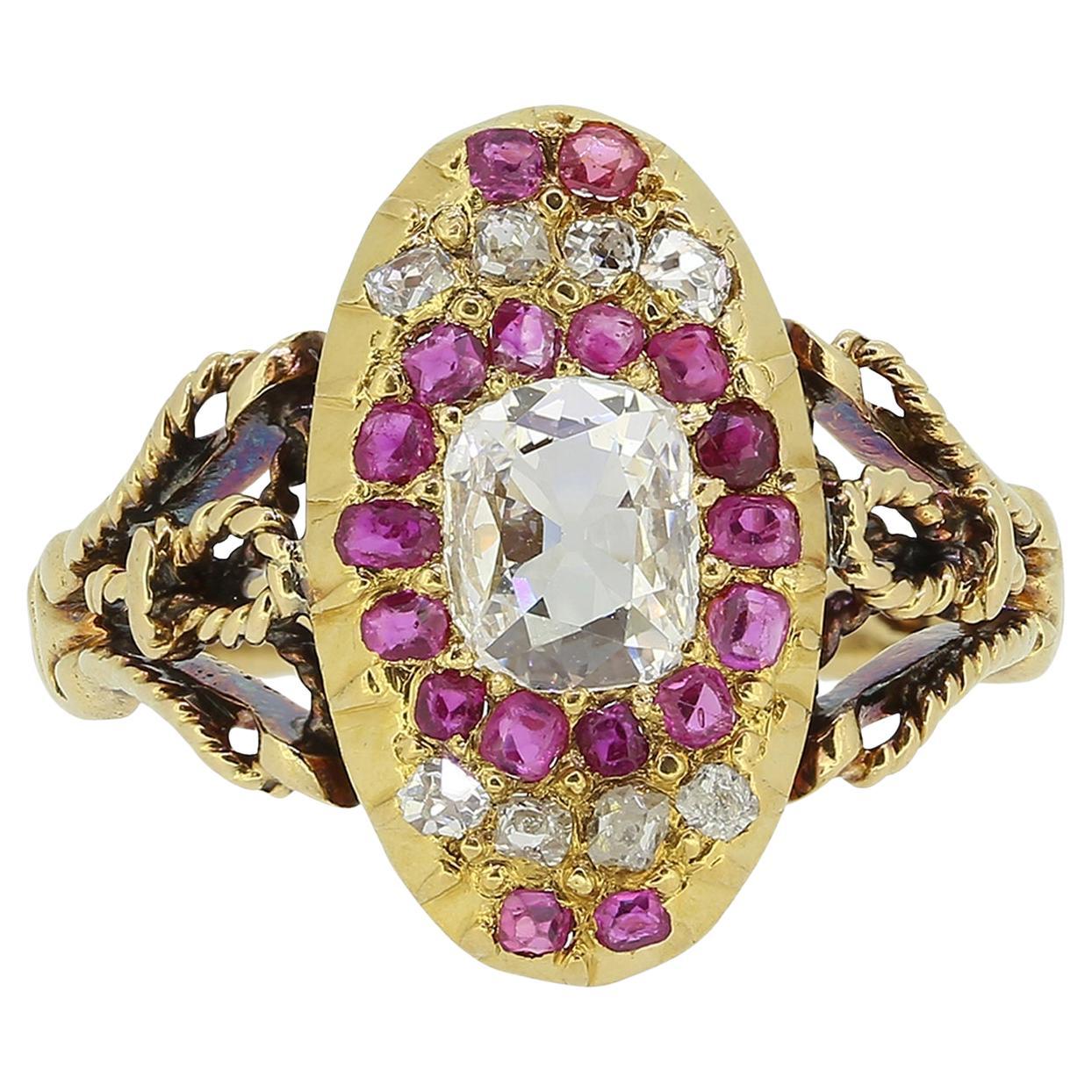 Antique French Diamond and Ruby Ring For Sale