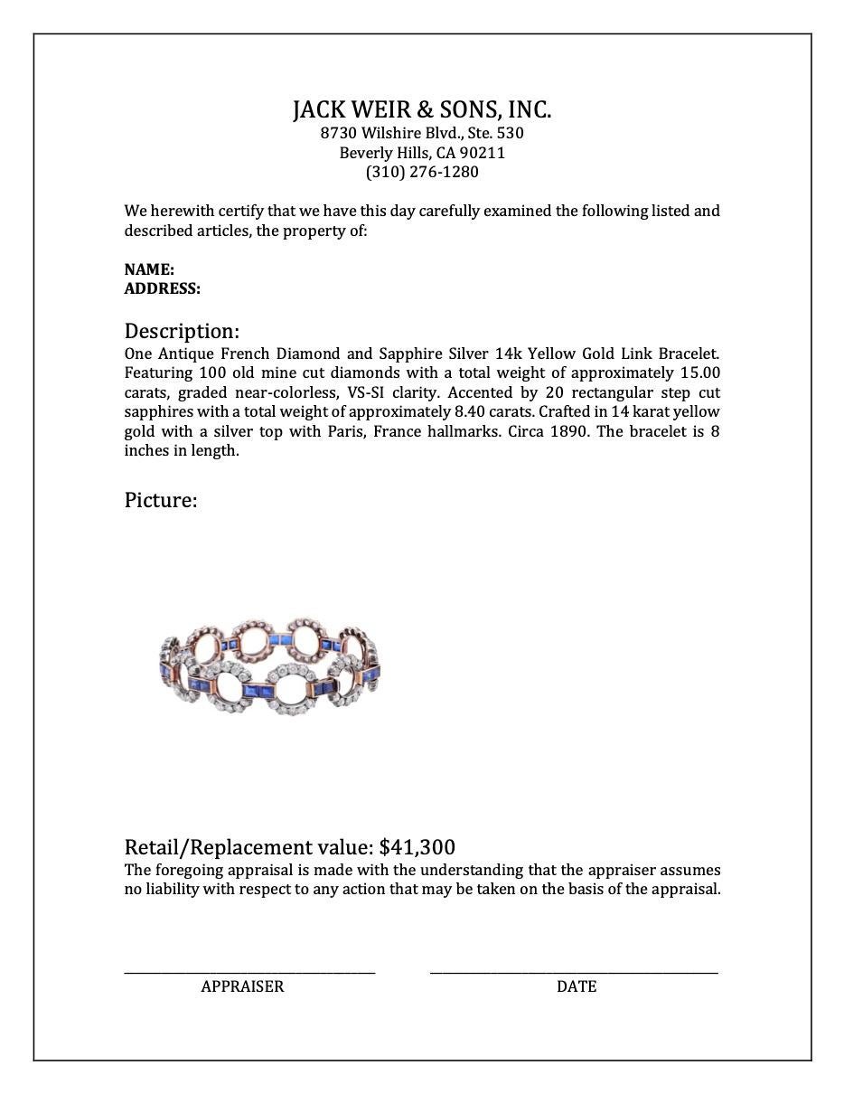 Antikes französisches Gliederarmband aus 14 Karat Gelbgold mit Diamanten und Saphiren und Silber im Angebot 1