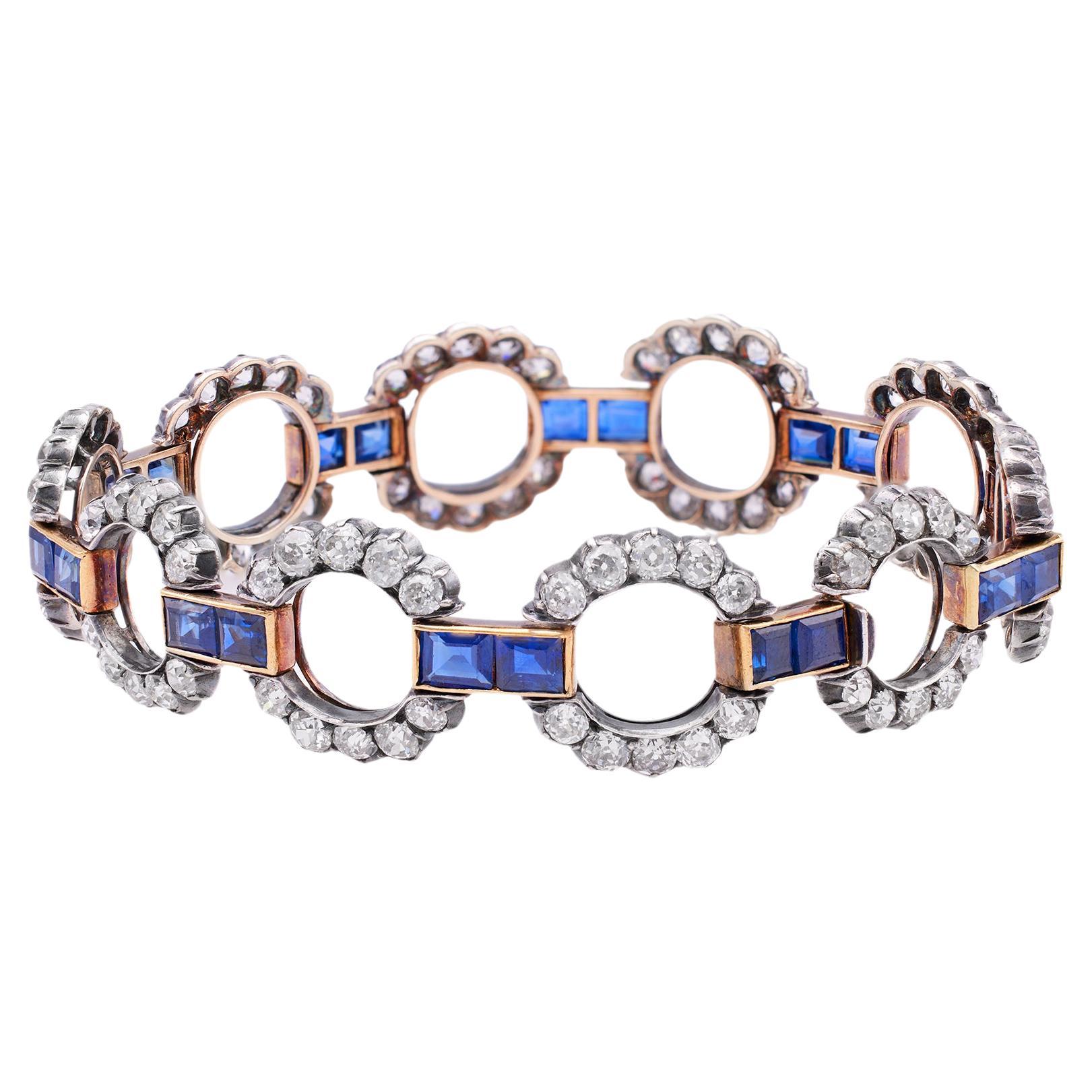 Antique French Diamond and Sapphire Silver 14k Yellow Gold Link Bracelet