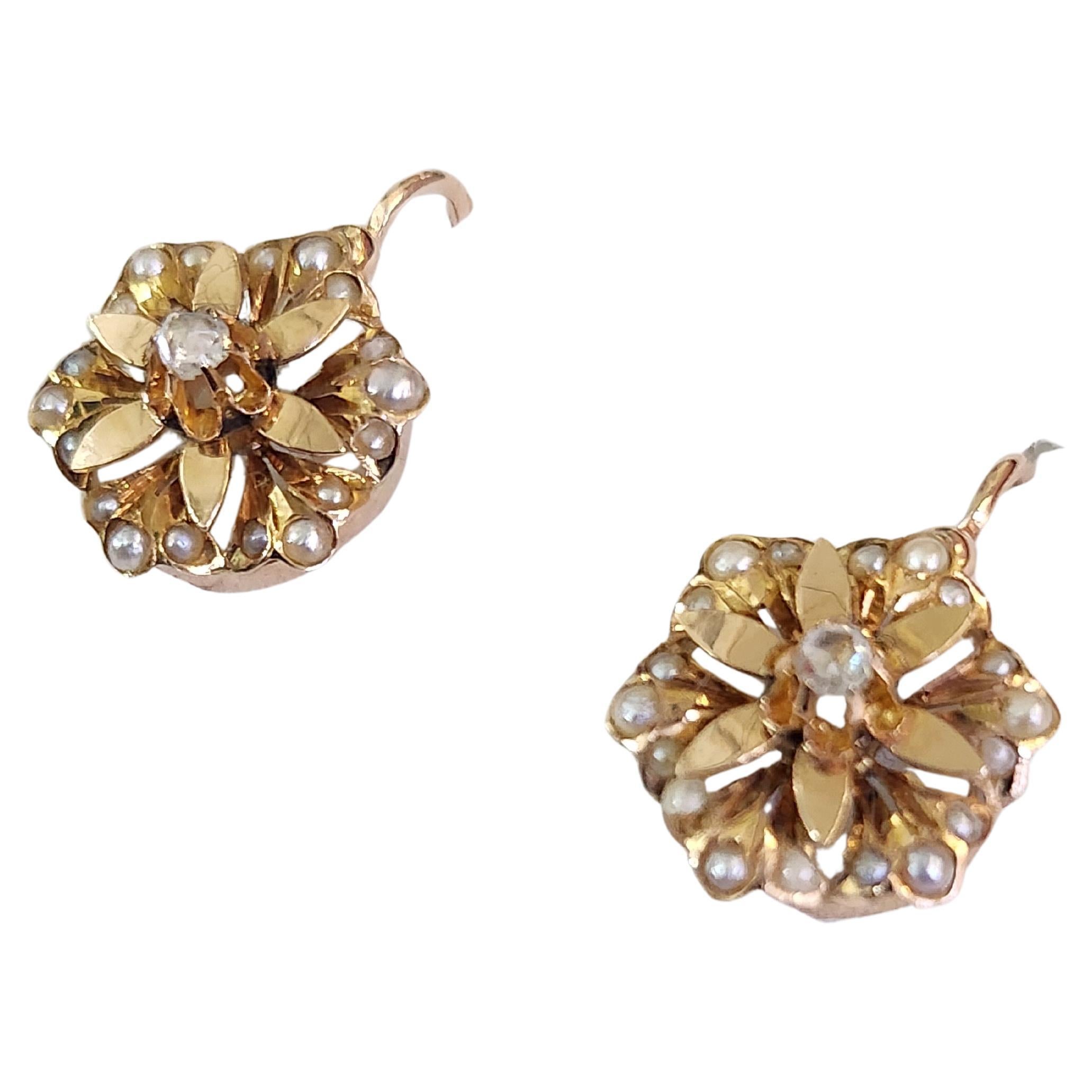 Antique French Orecchini con diamanti e perle di mare in oro 18 carati in vendita 2