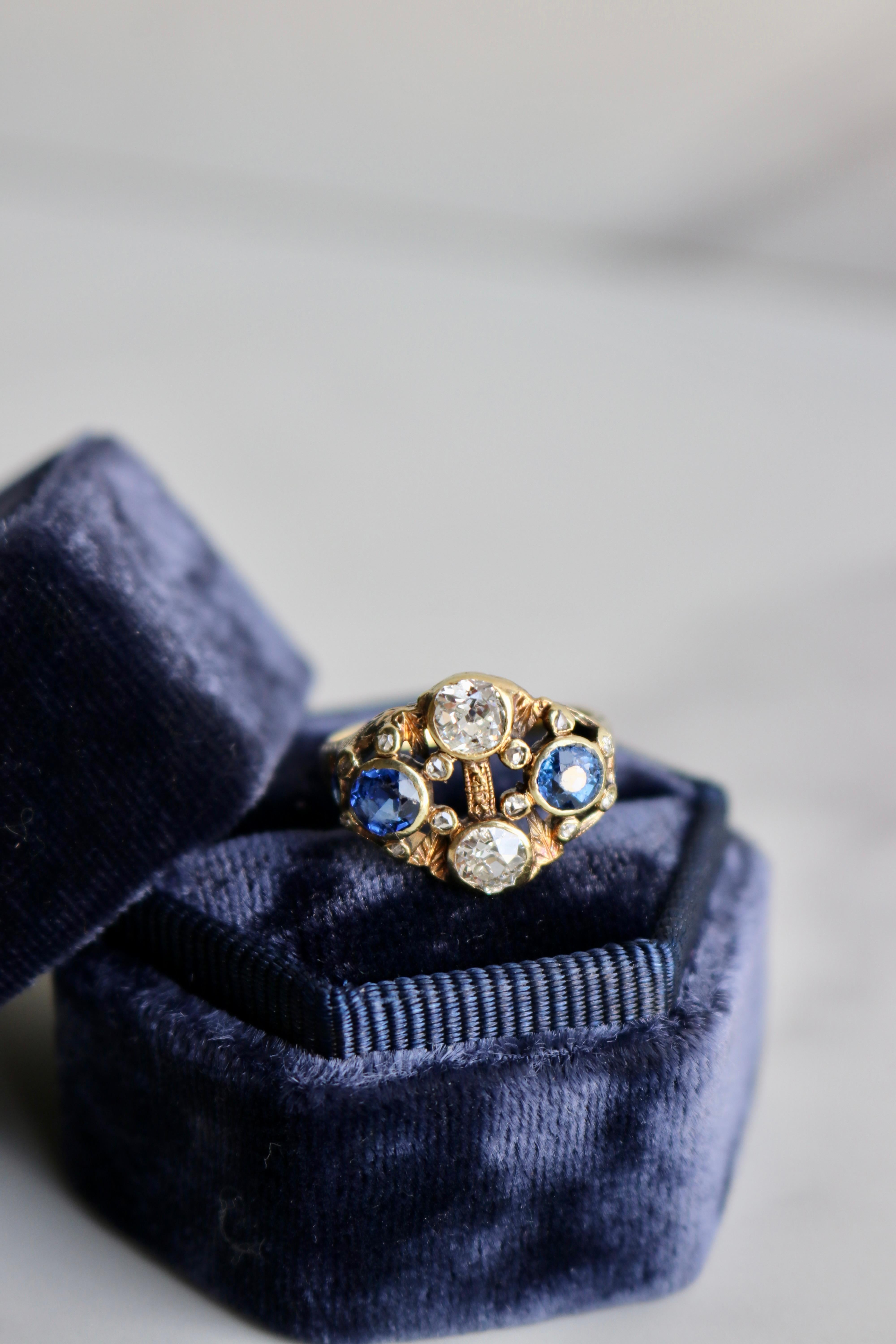 Old Mine Cut Antique French Diamond and Synthetic Sapphire 14k Yellow Gold Ring For Sale