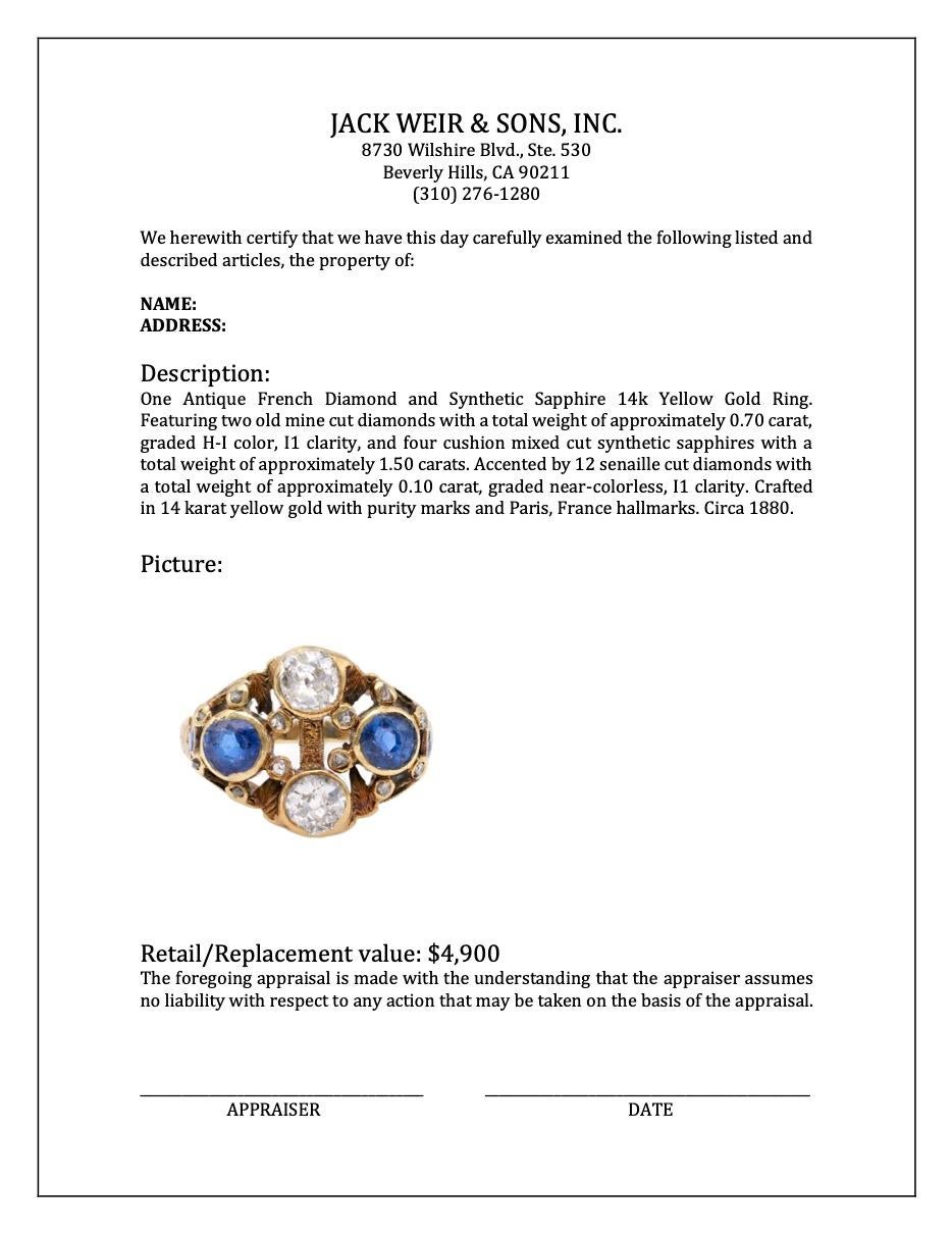 Bague française ancienne en or jaune 14 carats avec diamants et saphirs synthétiques Bon état - En vente à Beverly Hills, CA